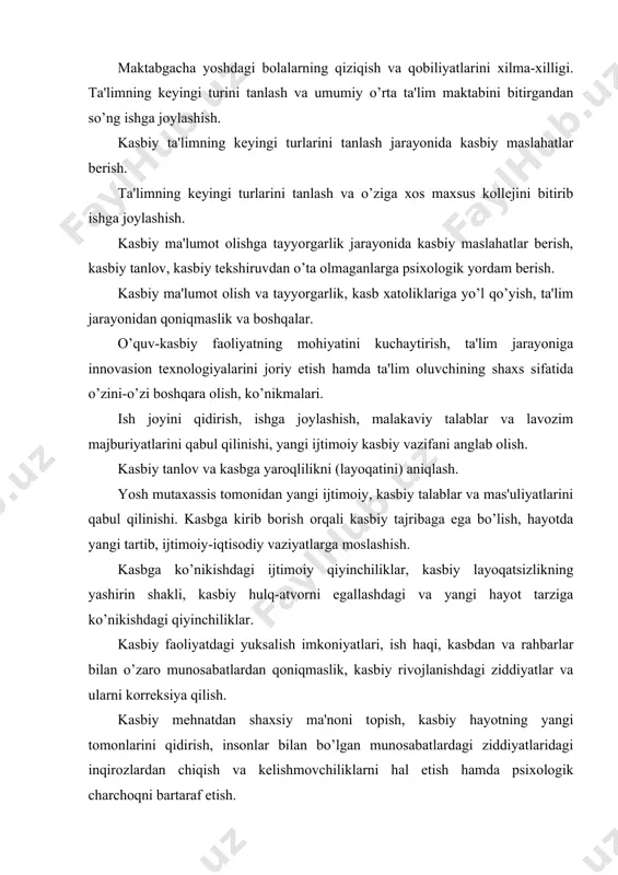 va yangi hayot tarziga ko’nikishdagi qiyinchiliklar. kasbiy faoliyatdagi yuksalish imkoniyatlari, ish haqi, kasbdan va rahbarlar bilan o’zaro munosabatlardan qoniqmaslik, kasbiy rivojlanishdagi ziddiyatlar va ularni korreksiya qilish. kasbiy mehnatdan shaxsiy ma'noni topish, kasbiy hayotning yangi tomonlarini qidirish, insonlar bilan bo’lgan munosabatlardagi ziddiyatlaridagi inqirozlardan chiqish va kelishmovchiliklarni hal etish hamda psixologik charchoqni bartaraf etish. majburiy ravishda ishdan bo’shash, yangi ish joyini qidirish, kasbini o’zgartirish. kasbiy hayotdagi yangi yo’lni tan olish. mutaxassislikning destruktiv rivojlanishi, kasbiy deformasiyalar kasbiy charchoq holatida kasbning ma'nosini yo’qolishi. shaxsning kasbiy deformasiyalarini aniqlash va tahlil etish, uning sabablarini o’rganish, kasbga nisbatan ko’nika olmaslikni yengib o’tish. kasbiy faoliyatdan chetlashish (nafaqaga chiqish). ijtimoiy-psixologik keraksizlik tufayli kelib chiqadigan psixologik zo’riqishdan xalos etish, yangi hayot tarzi va hayotda yangi ma’noni topishga intilish. yuqorida sanab o’tilgan jihatlar shaxs va kasb hamkorligida uchraydi va bu murakkab, dramatik jarayon sifatida jamiyatning ijtimoiy-iqtisodiy hayotida bo’lib o’tadi. shaxsning kasbga bo’lgan moslashuvida normativ bo’lmagan vaziyatlarni hal etishda psixologiya muhim ahamiyatga …