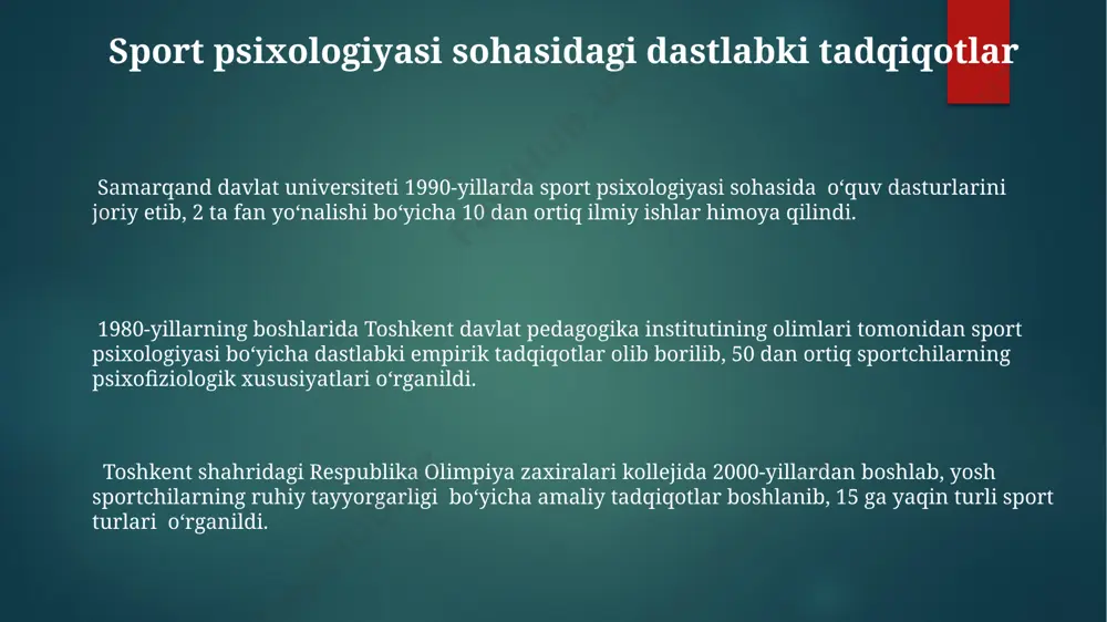 sobaqalarda ishonchlilik darajasi 10 ball shkalasi bo'yicha o'rtacha 2 ballga oshgan. o'zbekistonda sport psixologiyasining shakllanishi tarixi 1990-yillarning boshlarida toshkent davlat pedagogika universitetida sport psixologiyasi bo'yicha birinchi kurslar tashkil etilgan bo'lib, bu sohada mutaxassislar tayyorlashning boshlanishi hisoblanadi. o'zbekiston sportchilari o'rtasida psixologik tayyorgarlikning ahamiyati 2000-yillardan boshlab kengroq miqyosda, xususan, olimpiada va osiyo o'yinlariga tayyorgarlik jarayonida qo'llanila boshlandi. samarqand davlat universiteti kabi yirik oliy o'quv yurtlarida sport psixologiyasi fanidan o'quv dasturlari 2010-yillardan keyin qo'shilishi bilan ushbu soha rivojiga katta hissa qo'shildi. e'tiboringiz uchun rahmat @taqdimot_robot image1.png image2.png image3.png image4.png image5.png image6.png image7.png image8.png image9.png image10.png
