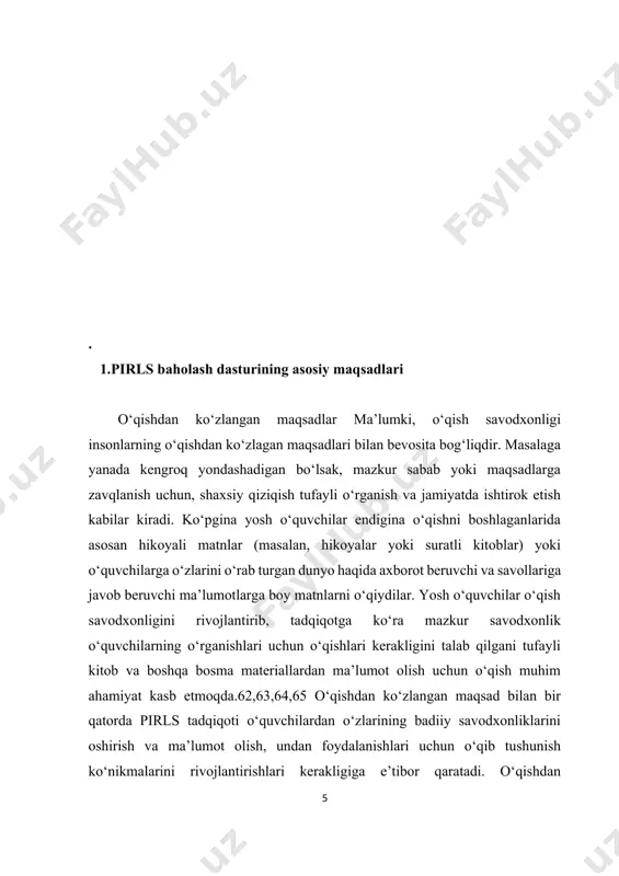 va uni qadrlash uchun, har bir o‘quvchi matnda (asarda) sodir bo‘ladigan voqealar, hissiyotlar, tildan foydalanish san’ati hamda badiiy shakl haqida bilimni o‘z hayolidan o‘tkazishi kerak. adabiyot yosh o‘quvchilar uchun o‘zlari hali boshidan kechirmagan holatlar va hissiyotlarni kashf etish imkoniyatini beradi. badiiy asarda tasvirlangan voqealar, harakatlar va hayoliy voqealar bo‘lsada, o‘quvchiga ular real hayotda sodir bo‘layotgandek tasavvur uyg‘otadi va o‘quvchiga ularni hayolan boshidan kechirish imkonini beradi. matn (yoki badiiy asar) hikoya qilib beruvchi yoki uning asosiy qahramonini kelajakda nima qilmoqchi ekanini bildirib turishi mumkin. murakkabroq matnlar esa undanda ko‘proq dunyoqarashni talab etishi yoki keskinliklarga ega bo‘lishi mumkin. matnnning g‘oyasi va undagi ma’lumotlar to‘g‘ridan-to‘g‘ri yoki dialoglar va voqealar ko‘rinishida tasvirlanadi. . 2.pirls dasturiga tayyorlash bosqichlari turli o‘qish tarzi o‘quvchilardan matn mazmunini turli xil usulda shakllantirishni taqozo etadi. shuning uchun, pirls tadqiqoti odatda boshlang‘ich sinf o‘quvchilari tomonidan qo‘llaniladigan to‘rt tushunish jarayonini baholaydi. bu to‘rtala tushunish jarayonlariga diqqatni jamlash va aniq ko‘rsatilgan ma’lumotni topish; …