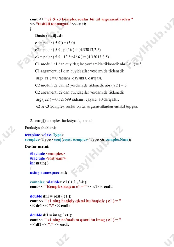 zero; // bir kompleks sonni boshqasi bilan ishga tushurish complex double purei2( purei ); topshiriq №1 1. complex sinfidan foydalanib, ikkita kompleks sonlarni qo’shing. 2. complex sinfidan foydalanib, ikkita kompleks sonlarni ayiring 3. complex sinfidan foydalanib, ikkita kompleks sonlarni ko’paytiring. 4. complex sinfidan foydalanib, ikkita kompleks sonlarni bo’ling. 5. complex sinfidan foydalanib, kompleks sonlar inkrementini (prefiks (++i) va postfiks (i++) lar uchun) amalga oshiring. 6. complex sinfidan foydalanib, kompleks sonlar dekrementini (prefiks (--i) va postfiks (i--) lar uchun) amalga oshiring. 7. complex sinfidan foydalanib, ikkita kompleks sonlarni qo’shing. 8. complex sinfidan foydalanib, ikkita kompleks sonlarni ayiring 9. complex sinfidan foydalanib, ikkita kompleks sonlarni ko’paytiring. 10. complex sinfidan foydalanib, ikkita kompleks sonlarni bo’ling. 11. complex sinfidan foydalanib, kompleks sonlar inkrementini (prefiks (++i) va postfiks (i++) lar uchun) amalga oshiring. 12. complex sinfidan foydalanib, kompleks sonlar dekrementini (prefiks (--i) va postfiks (i--) lar uchun) amalga oshiring. 13. complex sinfidan foydalanib, kompleks sonlarni …