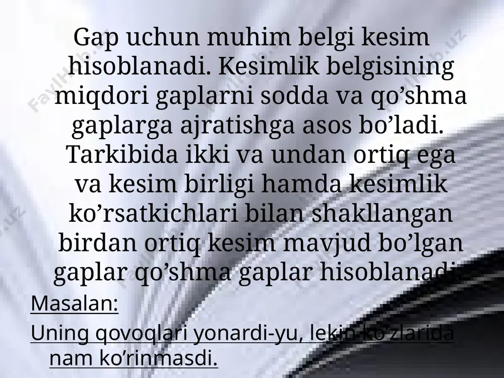 lik bilan yuzaga kelganligi ma’nosi ifodalanadi. va -u yuklamasi -da yuklamasi ham -yu yuklamasi hamda biriktiruv bog’lovchilari zidlov bog’lovchilari qo’shma gap qismlarini bog’lab, zidlik munosabatini mavjudligini ifodalaydi. zidlov bog’lovchilar ammo, lekin, biroq, balki –qo’shma gapning ikkinchi yarmida qo’llaniladi va undan oldin vergul qo’yiladi. -u, -yu yuklamalari qo’shma gap qismlarini bog’lab,zidlik munosabati mavjudligini bildiradi. ba’zan zidlik mazmunini kuchaytirish uchun zidlov bog’lovchisi bu vazifada qo’llangan –u, -yu yuklamasi birga ishlatiladi. ayiruv bog’lovchilari qo’shma gap qismlarini bog’lab, ularda ifodalangan voqea-hodisalarning galma-gal ro’y berishini yoki ulardan faqat bittasining yuzaga chiqishini ta’kidlaydi. dam…dam bir…bir goh…goh yo (yoki) ba’zan…ba’zan ayiruv bog’lovchilari yo (yoki) bog’lovchisi yolg’iz holda ham, takror holda ham qo’llanishi mumkin. bu bog’lovchilar yakka holda qo’llanganda hech qanday tinish belgisi qo’yilmaydi. masalan: bugun darsdan keyin yig’ilish bo’ladi yoki shanbalik uyushtiramiz. yo zardo’zi to’ning to’zibmi qoldi, yo so’kildimi suvsar telpaging. goh…goh, dam…dam, ba’zan…ba’zan, bir…bir ayiruv bog’lov- chilari takror holda qo’llaniladi va yozuvda undan oldin vergul qo’yiladi. …