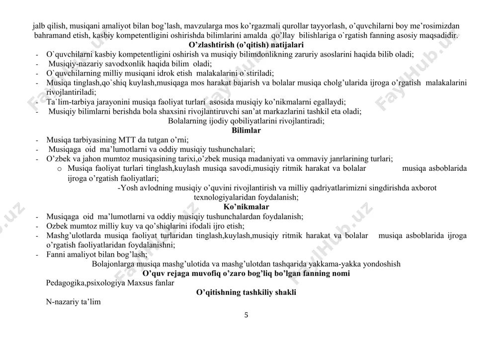 tovushlar,musiqiy tovushlarning xususiyatlari,registr turlari. shovqinli va musiqiy tovushlarni bir-biridan farqlash, tovushqatordagi tovushlarni ketma- ketligini topish,musiqiy tovush balandligi, musiqiy tovush qattiqli, musiqiy tovush tembri,fortepianoda registrlar turlari. компютер ва проектор, мавзуга оид тарқатма материаллар турли хилдаги жихозлар. 2 1 na r.f.qodirov.musiqa pedagogikasi.toshkent -2013 n.yusupova.musiqa savodi metodikasi va ritmika . 2010 y g.m.sharipova.musiqa va uni o’qitish metodikasi.2006 y 3 nota.notalarning nota chizig’ida joylashuvi. notalarning kelib chiqish tarixi va nomlanishi, nota chizig’ining yozilishi va nota chizig’da notalarning joylashuvi. nota cho’zimlari. notalarning fortepianoda joylashuvi,nota chiziqlarini chizish, nota chizig’da notalarni joylashtirish. butun, yarim, chorak va nim chorak notalarning sanog’ini sanash. компютер ва проектор, мавзуга оид тарқатма материаллар турли хилдаги жихозлар. 2 1 na r.f.qodirov.musiqa pedagogikasi.toshkent -2013 n.yusupova.musiqa savodi metodikasi va ritmika . 2010 y g.m.sharipova.musiqa va uni o’qitish metodikasi.2006 y 4 musiqa ifoda vositalari. musiqiy kalitlar.musiqiy kalitlarning joylashuvi.o’lchovlar va uning turlari. zarb,metr va ritm tushunchalari. musiqiy kalitalrni nota chizig’da yozish.musiqiy kalitlarni nota chizig’da joylarini aniqlash.o’chovlarni yozish,sanog’ni …