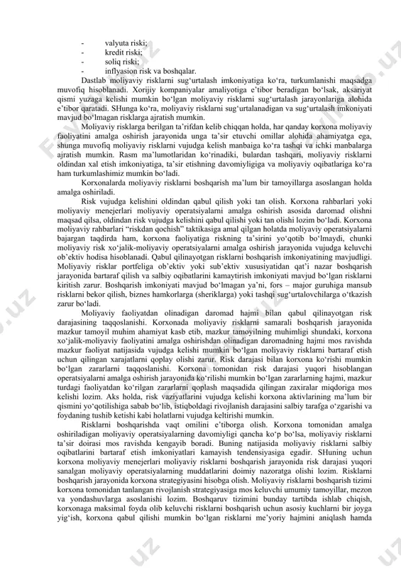 издательско-торговая корпорация «дашков и к°», - 2012.] korxonalarda moliyaviy menejment tizimini tashkil etish sohasiga doir ko‘plab iqtisodiy adabiyotlar muallifi, i.ya.lukasevich moliyaviy risk tushunchasini quyidagicha izohlaydi: moliyaviy risklar, har qanday korxonani moliyaviy faoliyatini amalga oshirish mobaynida unga ta’sir etuvchi omil hisoblanib, tadbirkorlik faoliyatini yuritilishi bilan bir vaqtda vujudga keluvchi ob’ektiv jarayon sanaladi. korxona moliyaviy menejerlari barcha boshqaruv qarorlarini qabul qilish jarayonida moliyaviy risklarni boshqarish masalasiga puxtalik bilan va jiddiy ravishda e’tibor berishi talab etiladi[footnoteref:3]. [3: http://www.education.vic.gov.au/risk.aspx - “school policy & advisory guide” департаментининг расмий сайти.] yuqorida iqtisodchi olimlar tomonidan berilgan tariflardan kelib chiqqan holda, fikrimizcha, moliyaviy risk – bu tashqi muhitning noaniqliq sharoitida korxonalar tomonidan xo‘jalik-moliyaviy faoliyatini amalga oshirishda daromad va moliyaviy resurslarni yo‘qotilishi kabi salbiy oqibatlarni paydo bo‘lish ehtimolligidir. korxonada moliyaviy risklar o‘ziga xos xususiyatlarga ega bo‘lib, samarali boshqaruv qarorlarini ishlab chiqish va amaliyotga joriy etish maqsadida aniq bir belgilari bo‘yicha tasniflanishi lozim. moliyaviy risklarning yuzaga kelishi korxonalarning xususiyatlaridan kelib …