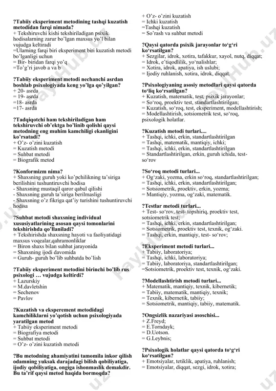 ngan? =10-11 yosh +4-5 yosh =6-7 yosh -7-11 yosh ? bolalar psixologiyasi fani nimani o’rganadi? +turli yosh davrlarini, bola psixik taraqqiyotining qoniniyatlarini, bir yosh bosqichidan boshqasiga o'tish qonuniyatlarini = turli yosh davrlarini; =bola psixik taraqqiyotining qoniniyatlarini; =bir yosh bosqichidan boshqasiga o’tiish qonuniyatlarini. ? bolalar psixologiyasi fanining kategoriyalariga quyidagilar kiradi =yosh, bolalik taraqqiyot bir yosh bosqochidan boshqasiga o’tish qonuniyatlarini =tizimlilik, taraqiyotning ijtimoiy vaziyati, yetakchi faoloyat tipi + yosh, bolalik taraqqiyoti, o’sish, determinizm, geteroxronlik, tizimlilik, taraqqiyotning ijtimoiy vaziyati, yetakchi faoliyat tipi =o’sish, determinizm, geteroxronlik, bir yosh, bosqasidan boshqasiga o’tish qonuniyatlarini, bola psixik taraqqiyotining qoniniyatlarini ?dastlabki psixologik tadqiqot labaratoriyasi qaysi universitet qoshida tashkil qilindi +leypsig =oksford =parij =lomonosov ?bolalar uyquga yotgan jimjit xonaga qamalib qolgan arining g’ing’illab uchishi va deraza oynasiga urilishi hali uxlayotgan bolalarning diqqatini……… ravishda o’ziga jalb etadi + ixtiyorsiz =ixtiyoriy =ixtiyoriydan so’nggi diqqat =bo’linuvchanlik ?birinchi turkum sezgilariga nimalar kiradi + ko’rish, eshitish, hid bilish, ta’m bilish, teri tuyush =nerv sistemasi, …