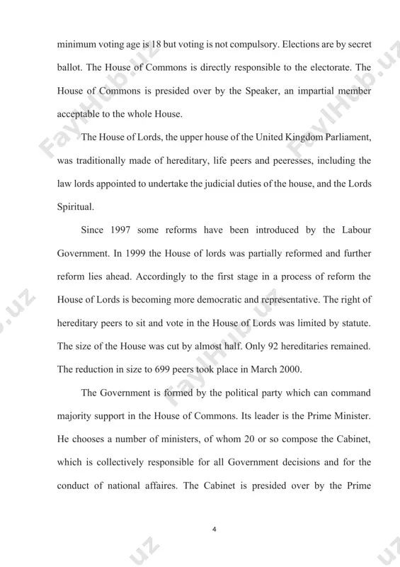 and the "shadow cabinet". britain enjoys a long established democratic system of government which helps to provide political stability. the united kingdom is a member of the european community (ec), the united nations organization (uno), the north atlantic treaty organization (nato) and the commonwealth. mass media in the epoch of quickly changing international and home situations it is quite necessary for every human being to get up-to-date information. press, radio, television are mass media branches. they are very important as they influence on public opinion and can be a strong force in public life. there are national and local newspapers in britain. national newspapers, known as dailies, are designed for most people of the country. local daily papers are for people in a particular city or region. local papers are delivered to people's homes free of charge. british national papers are of two kinds: the quality papers and the tabloids. …