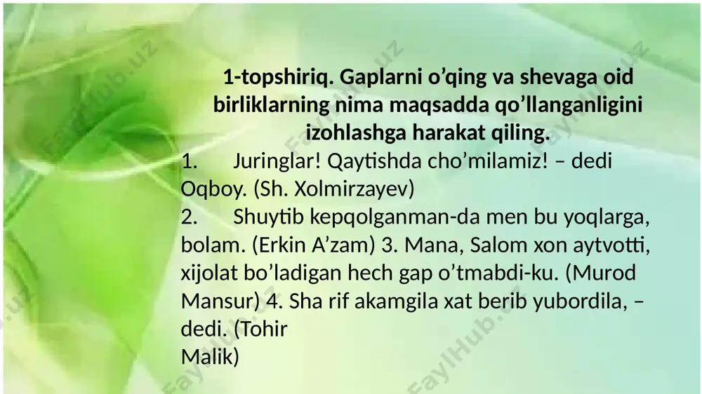 huntiring. 1. boya... to’satdan bo’lganiga... shoshib qopmiz. shunga... haligi... so’ragan pulingizni opkeldim... (o. yoqubov) 2. shu... shu, qarz berib tursangiz degandim, rais buva. (tog’ay murod) 3. muso qo’llarini ko’ksiga chalishtirdi. – endi, nima desam ekan, avvalo, «sumkam» emas, «sumkamiz» deng, xo’pmi? innaykeyin... – mukambar jim qoldi. (ahmad a’zam) 4. men qilishim kerak bo’lgan ishni, umuman, qilib bo’lgan, ya’ni, esh voyga katta yaxshilik qilgan edim! tushunyapsizmi? (sh. xolmirzayev) 5. unday mard, tanti, nima desam ekan, javonmardni ikki dunyodayam topolmaysan. – javonmard deganingiz nimasi? – javonmard... haligi, hech kim oldiga tusholmaydigan odam. (murod mansur) 6. xo’sh, shunday qilib, bundan o’n ikki yil muqaddam samar qand bozoridagi choyxonachining yordamida mashina topib, yakkachinorga yo’l oldim. (o’. umarbekov) 7. – ota deyman... haligi... – labbay, gapiraver. – sadafingiz bu yil o’nni bitiradi. (sh. xolmirzayev) sh. rahmatullayevning «o’zbek tilining izohli frazeologik lug’ati»dan olingan quyidagi iboralarning izohlarini esda tuting. ular ishtirokida gaplar tuzing. tishi o’tmaydi 1. biror …