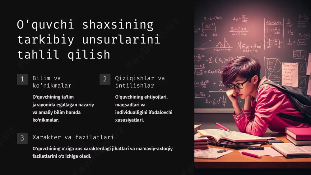 chi o'qituvchi o'quvchiga yangi bilim va ko'nikmalarni singdiradi. 6 o'quvchining faoliyati va tarbiyalanishi o'rganish o'quvchi bilim, ko'nikma va malakalarni o'zlashtirish orqali o'sib boradi. faollik o'quvchining mustaqil fikrlash, ijod qilish va qaror qabul qilish qobiliyatlari rivojlanadi. tarbiyalanish o'quvchi shaxsining ma'naviy-axloqiy jihatdan kamol topishi kuzatiladi. 7 xulosalar va takliflar o'quvchi shaxsi tarbiyasida tizimli, kompleks yondashuvni ta'minlash o'quvchi faoliyatini pedagogik jarayonga faol jalb etish o'qituvchi va o'quvchi hamkorligini kuchaytirish o'quvchi shaxsini har tomonlama rivojlantirish 8 image1.png image9.png image10.png image2.png image11.png image3.png image4.png image12.png image5.png image13.png image6.png image14.png image15.png image16.png image17.png image7.png image18.png image19.png image20.png image21.png image8.png image22.png