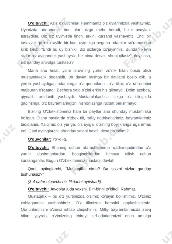 prezidentimiz shavkat mirziyoyev barchamizni mustaqillik bayrami bilan tabriklaydilar. kuni kecha yangi oʻzbekiston bogʻida boʻlib oʻtgan mustaqillik bayramini koʻrdingizmi? mushaklar otilganini mazza qilib tomosha qildingizmi? prezidentimiz tabrigini eshitdingizmi? prezidentimiz aytganlaridek, mustaqillik – eng buyuk boyligimiz, uning qadriga yetishimiz shart. keling hozir biragalikda mustaqillik bayrami boʻlib oʻtgan yangi oʻzbekiston bogʻiga ekran orqali sayohat qilamiz. yangi oʻzbekiston bogʻi haqidagi 4 daqiqalik videolavha namoyish etiladi. videolavhada nimalar koʻrsatilgani va nimalar yoqqani haqida bolalardan soʻraladi. 3 daqiqa. https://youtu.be/sbr7d5aadic?list=plul0ge8zhbobzp33av1e-rz4pa0nkwcdd oʻqituvchi: bolajonlar, yangi oʻzbekiston bogʻi sizga yoqdimi? ana shu bogʻning oʻrtasida “mustaqillik monumenti” degan joy bor. u yerdan davlatimiz tarixi, buyuk bobolarimiz haqida juda koʻp maʼlumotlar o‘rin olgan. hozir sizga bir videolavha koʻrsataman, unda xalqimizning buyuk farzandlarining qiyofasi aks etgan. lavhani diqqat bilan tomosha qilib, ajdodlarimiz ismini birma bir aytamiz. sunʼiy intellekt yordamida najmiddin kubro, jaloliddin manguberdi, amir temur kabi ajdodlarimiz siymosi ifodalangan 1 daqiqalik videolavha namoyish etiladi. lavha davomida ekranda koʻringan qahramonlar ismini oʻquvchilar aytib boradi. …