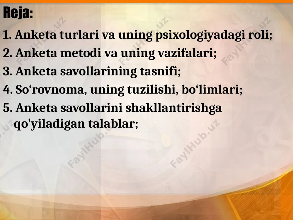 xlit yondashuvni ishlab chiqishga olib kelishi mumkin; 2. tartibsiz savollarga javob berish mumkin. oldingi javoblarga qaytish va keyingi javoblarni ular bilan ongli ravishda moslashtirish istisno qilinmaydi. anketa savollari bo'yicha mutaxassislar so'roq, tasdiqlovchi va (yoki) salbiy shakllarda respondentlarga yuborilgan barcha nutq xabarlarini, shuningdek taklif qilingan javob variantlarini tushunadilar. funksiyalari: 1. ko'rsatkich funktsiyasi shundaki, savol boshqa emas, balki kerakli ma'lumotlarni beradi; misol: — tdmuning 6-binosi qayerda joylashganini bilasizmi? javob variantlari: 1. men bilaman; 2. mish-mishlar orqali bilaman; 3. men bilmayman agar ko'rsatkich respondentning o'zini o'zi baholashi bo'lsa, unda bu formula ko'rsatkich funktsiyasini ta'minlaydi. agar ko'rsatkich respondentning xabardorligi bo'lsa, unda formulada ko'rsatkich funksiyasi ta'minlanmaydi. 9 savolning instrumental funktsiyasi uning o'lchash imkoniyatlariga, shkalalar va savollar to'plamidan tuzilgan indekslarning tuzilishiga maxsus talablarga muvofiqligi bilan bog'liq. bu shkala tipidagi savollar yordamida o'tkazilgan o'lchovlarning aniqligi va barqarorligi kabi baholashlarga taalluqlidir. bu erda o'lchov usuli asos bo'ladi. misol: "sizningcha, o'qituvchi o'z fanini qanchalik yaxshi biladi?" (1 dan 10 …