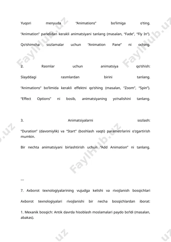 grafik ishlov berish yoki o‘yinlar uchun ishlatiladi. 14. multimedia va distant tizimlari asoslari 1. multimedia – bu turli xil axborot (matn, rasm, video, ovoz) birlashtirilgan shaklda taqdim etilishidir. multimedia texnologiyalari ko‘p sohalarda qo‘llaniladi: ta’lim: elektron darsliklar va taqdimotlar. marketing: reklama materiallari. o‘yin sanoati: interaktiv o‘yinlar. 2. distant tizimlar: bu masofadan turib ta’lim yoki boshqa xizmatlarni amalga oshirish tizimidir. misollar: online universitetlar, masofaviy treninglar. distant tizimlarning asosiy texnologiyalari: zoom, google meet, ms teams. 15. internet xizmatlari va internetga bog‘lanish usullari internet xizmatlari: 1. elektron pochta (email): ma’lumotlarni elektron shaklda yuborish. 2. veb-saytlar: ma’lumotlarni taqdim qilish va olish manbalari. 3. ijtimoiy tarmoqlar: facebook, instagram kabi platformalar. 4. bulutli xizmatlar: ma’lumotlarni saqlash va almashish (google drive, dropbox). internetga bog‘lanish usullari: 1. dsl (digital subscriber line): telefon liniyalari orqali. 2. fiber-optik ulanish: juda yuqori tezlikda internetni ta’minlaydi. 3. wi-fi: simsiz internet ulanishi. 4. mobil internet: 4g/5g texnologiyalari orqali. 16. kompyuterning qo‘shimcha qurilmalari bilan tanishish …