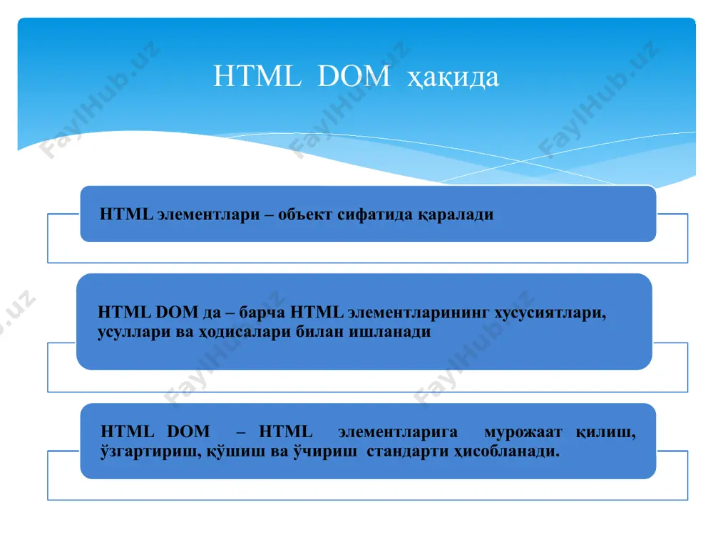 ow объекти усуллари. windows.open () янги ойна очиш. windows.close () жорий ойнани ёпиш. windows.moveto () жорий ойнани силжитиш. window.resizeto () жорий ойнани ҳажмини ўзгартириш javascript window screen хусусияти screen.width ташриф буюрувчилар экранининг кенглигини пикселга қайтаради. screen.height ташриф буюрувчилар экранининг баландлигини пикселга қайтаради. screen.availwidth wиндоwс-нинг вазифалар панелидаги каби интерфейснинг минус пикселларида, ташриф буюрувчилар экранининг кенглигини қайтаради. screen.availheight wиндоwс-нинг вазифалар панелидаги каби интерфейснинг минус пикселларида, ташриф буюрувчилар экранининг баландлигини қайтаради screen.pixeldepth экраннинг пиксел чуқурлигини қайтаради document.getelementbyid("demo").innerhtml="screen height is "+screen.height; document.getelementbyid("demo").innerhtml = "available screen width is " + screen.availwidth; document.getelementbyid("demo").innerhtml= "screen color depth is " + screen.colordepth; javascript window location windows.location объекти жорий саҳифа манзилини (url) олиш ва браузерни янги саҳифага йўналтириш учун ишлатилиши мумкин. window.location.href - жорий саҳифанинг href (url) манзилини қайтаради. windows.location.hostname - веб-хостнинг домен номини қайтаради. window.location.pathname - жорий саҳифанинг йўлини ва файл номини қайтаради. window.location.protocol - ишлатилган веб-протоколни қайтаради (http: ёки https:) window.location.assign () янги ҳужжатни юклайди. javascript the …