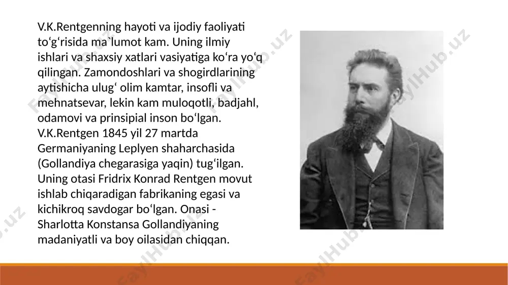 rofga tarqalishi va magnit maydonida og‘masligini, fotokimyoviy va boshqa xususiyatlarini aniqlaydi. ko‘p tadqiqotlardan so‘ng u o‘z tekshiruvlari natijalarining to‘g‘riligiga va aniqligiga ishonch hosil qilgach, ularni 17 tushuntirish tezisi qilib "yangi xil nur" deb bayon qiladi. rentgen bir necha kun ichida dunyoning mashhur fizik olimlariga o‘z tezisini tarqatadi va 1895 yilning 28 dekabrida "vyursburg fizika-medisina jamiyatining axborotlari"da bayon etadi. 1896 yil 23 yanvarda v.k.rentgen vyursburg tabiatshunoslar va vrachlar jamiyatining kengashida ilk bor o‘zi kashf etgan nur to‘g‘risida ochiq-oydin fikr bayon qiladi. raislik vazifasini bajaruvchi mashhur anatom kellikyer hammani hayratda qoldirgan bu antiqa "x" nurni rentgen nuri deb atashni taklif qiladi va bu taklif qabul qilinadi. v.k.rentgenning shogirdi akadyemik a.i.ioffe o‘zining xotiralarida shunday yozadi: "rentgen nurlari atomning sirtqi qavatini teshib o‘tdi, uning ichkarisiga kirdi, keyinchalik tabiatning taraqqiyoti bilan bu nurlar atom energayasining kashf etilishiga sharoit yaratdi". v.k.rentgen kashfiyotidan so‘ng 1897-1898 yillarda katod nurining kelib chiqishi chuqur o‘rganildi va bu e.rezerford hamda n.borga …