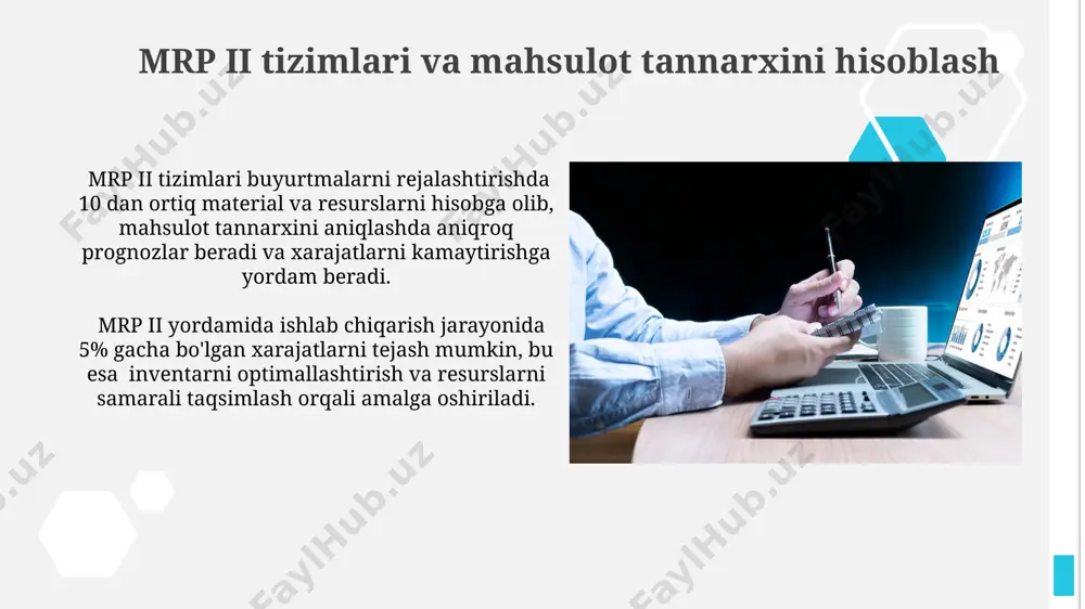 larigacha investitsiyalarni talab qilishi mumkin, bu esa kompaniya o'lchamiga va tanlangan tizimning murakkabligiga bog'liq. to'liq tannarx hisobi tizimi to'liq tannarx hisobi tizimi barcha to'g'ridan-to'g'ri va bilvosita xarajatlarni, shu jumladan materiallar, mehnat va umumiy ishlab chiqarish xarajatlarini 100% aniqlashga intiladi, bu esa har bir mahsulotning aniq tannarxini hisoblash imkonini beradi. ushbu tizimda 30 dan ortiq xarajatlar elementi, shu jumladan energiya sarfi, amortizatsiya va boshqaruv xarajatlari hisobga olinadi, natijada mahsulotning real tannarxini aks ettiruvchi murakkab hisobotlar shakllantiriladi. xarajatlarni boshqarish tizimlari xarajatlarni avtomatlashtirilgan tahlil qilish tizimlari, xarajatlarni 30% gacha kamaytirishga va moliyaviy hisobotlarni tayyorlash vaqtini 50% ga qisqartirishga imkon beradi. integratsiyalashgan xarajatlarni boshqarish tizimlari, real vaqt rejimida ma'lumotlarni tahlil qilish orqali, 1000 dan ortiq mahsulot birligi uchun aniq xarajat hisob-kitoblarini ta'minlaydi. aktivlarni boshqarish tizimlari aktivlarni boshqarish tizimlari korxona aktivlarining 10% gacha bo'lgan qismini samarali boshqarishga yordam beradi, bu esa xarajatlarni 5-7% ga kamaytirish imkonini beradi va rentabellikni oshiradi. ushbu tizimlar, aktivlarning texnik holatini …