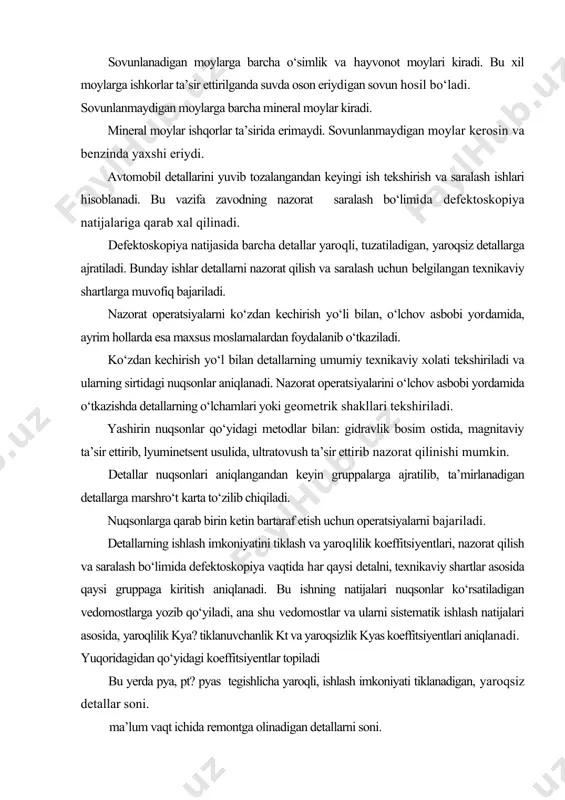 ga kiritish aniqlanadi. bu ishning natijalari nuqsonlar kо‘rsatiladigan vedomostlarga yozib qо‘yiladi, ana shu vedomostlar va ularni sistematik ishlash natijalari asosida, yaroqlilik kya? tiklanuvchanlik kt va yaroqsizlik kyas koeffitsiyentlari aniqlanadi. yuqoridagidan qо‘yidagi koeffitsiyentlar topiladi bu yerda pya, pt? pyas tegishlicha yaroqli, ishlash imkoniyati tiklanadigan, yaroqsiz detallar soni. ma’lum vaqt ichida remontga olinadigan detallarni soni. avtomobilni ishlatish jarayonida uning agregat va detallari notekis yeyiladi. avtomobilning istalgan bir detalining ish yuzalari ma’lum vaqt ichida, odatda har xil yeyilgan, ya’ni bu yuzalarning yeyilishiga chidamliligi turlicha bо‘ladi, bunday detallardan bir qismi yana ishlatish uchun yaraydi, boshqa qismini esa ishga yaroqli qilish uchun oz mehnat va materiallar sarf bо‘ladi. bundan tashqari remont qilib bо‘lmaydigan detallar ham uchraydi. avtomobillar remont qilinadigan zavodlarda shunday texnologik imkoniyatlar borki, ular tufayli yeyilgan detalning yangi detalga xos о‘lchamlari va sifatigina tiklanib qolmay, balki ayrim xollarda, ular yaxshilanishi ham mumkin. avtomobil detallarida uchraydigan nuqsonlar asosan uch gruppaga: tabiiy yeyilish natijasida paydo bо‘ladigan …