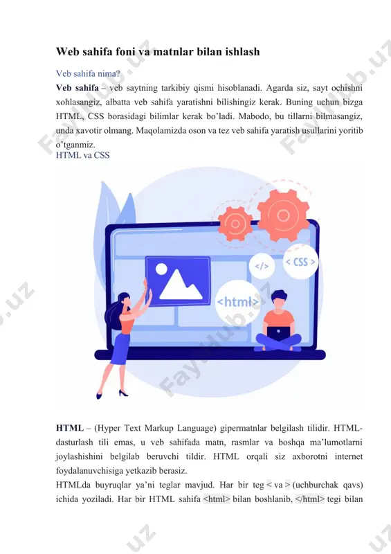 rirlash uchun dasturlardan ham fordalanishingiz mumkin. bulardan sublime nisabatan soddaroq bo’lib, endi o’rganishni boshlagan dasturchi uchun foydalanish qulay. – veb sahifamizning kodini qaysi html versiyada yozayotganimizni bildiradi. veb sahifa bilan boshlanib tegi bilan tugashi kerak. tegi veb sahifamizning sarlavhasini ( ) va veb brauzerda chiqadigan nomlanishi ( ) kiradi. barcha still fayllari (.css)ga havolalar ham tegi joylashtirilishi kerak. tegi orqali veb sahifangizning asosiy ma’lumotlarini mazmunini yoritib bera olasiz. u yerda siz rasm joylashtirishingiz mumkin, biror bir narsa haqida masalan, yangi texnologiyalar haqida ma’lumot yozishingiz mumkin. demak, ushbu teg ichida sahifani bor mazmunini matnlar rasmlar, video joylashtirb, slider(aylanib turuvchi rasmlar yoki matnlar) va boshqa turli xil elementlar orqali ifodalab berishingiz mumkin. veb brauzerdan yozgan index.html faylimizni ochamiz. agar sizda rasm chiqmasa bu rasm papkasini kompyuteringizning qayerida turganini topolmayotganidan dalolat beradi. shu sabab rasmni index.html bilan birga bitta faylga saqlashingizni maslahat beramiz. siz hozir veb sahifa yaratishni, uni qanday dizayn qilish haqida …