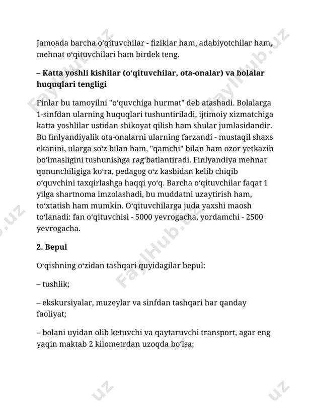 di. korrektsion ta'lim — materialni o‘zlashtirishdagi umumiy barqaror muammolar bilan bog‘liq. masalan, bu ta'lim olib boriluvchi fin tilini tushunmaslik yoki eslab qolish yo matematik qobiliyatining yaxshi emasligi, yoxud ba'zi bolalarning asotsial xatti-harakatlari bilan bog‘liq bo‘lishi mumkin. korrektsion ta'lim kichik guruhlarda yoki individual tarzda o‘tkaziladi. 4. amaliyot "yo hayotga tayyorlaymiz, yoki — imtihonlarga. biz birinchisini tanlaymiz", - deydi finlar. shuning uchun finlyandiyadagi maktablarda imtihonlar yo‘q. nazorat ishlari va oraliq test sinovlari - o‘qituvchining qaroriga qarab belgilanadi. umumta'lim maktabini tugallashda faqat birgina majburiy standart test o‘tkaziladi. shunisi diqqatga sazovorki, o‘qituvchilar uning natijalari uchun alohida qayg‘urishmaydi, test natijalari uchun birovning oldida javob ham berishmaydi, bolalar ham unga maxsus tayyorgarlik ko‘rishmaydi: boriga baraka. finlyandiya maktablarida hayotda kerak bo‘ladigan bilimlar beriladi. masalan, biror bir qurilmaning tuzilishi ularga kerak bo‘lmaydi, uni o‘rganishmaydi ham. u yerdagi bolalar bolalikdan portfolio, shartnoma, bank kartasi nima ekanini yaxshi bilishadi. merosdan soliq fozini yoki kelgusidagi daromadlarini hisoblay olishadi, internetda tashrif-saytini yarata …