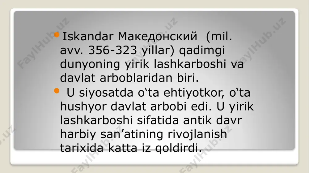 ndr marakanda (samarqand)ga yo‘l oladi. bu transaksoniyaning yirik shaxarlaridan biri bo‘lgan. maraqandani egallagach, maxalliy tilni yaxshi biladigan farnux boshchiligida 1000 ta jangchidan iborat gornizonni qo‘yib, o‘zi sirdaryo bo‘yida joylashgan kiropol shaxrini egallashga ketadi. (kiropol shim. tojikiston dagi nurtepa yodgorligi). u katvan cho‘li, malguzar tog‘liklari va zamin cho‘li (tojikistonning xo‘jand viloyati) orqali borgan. bu yerda kiropolga yetmasdan yozma manbalarda ma’lumot berishlaricha, 7 ta shahar qattiq qarshilik ko‘rsatgan. u birinchi bor ustrushonada samarqand bilan xo‘jand oralig‘ida tog‘liklar qarshiligiga uchraydi. iskandar tog‘liklar bilan bo‘lgan jangda o‘ta shafqatsizlik qiladi. arrianning yozishicha, u 30 ming mahalliy aholidan 22 mingini qirib tashlaydi. asirga tushishni istamagan tog‘liklarning qolganlari o‘zlarini qoyalardan tashlab halok bo‘ladilar. arxeologik tadqiqotlar natijasida, mil.avv. v-iv asrlarga oid bir necha manzilgohlar topilgan. ularning eng yiriklari xan tepa va nurtepa bo‘lgan. bu yerda bo‘lgan jangda hatto aleksandrning o‘zi ham yaralangan. kiropolni egalladi. saklarning qarshiligini qaytarib turish maqsadida sirdaryo sohilida 17 kun ichida mustahkam mudofaa devori bilan …