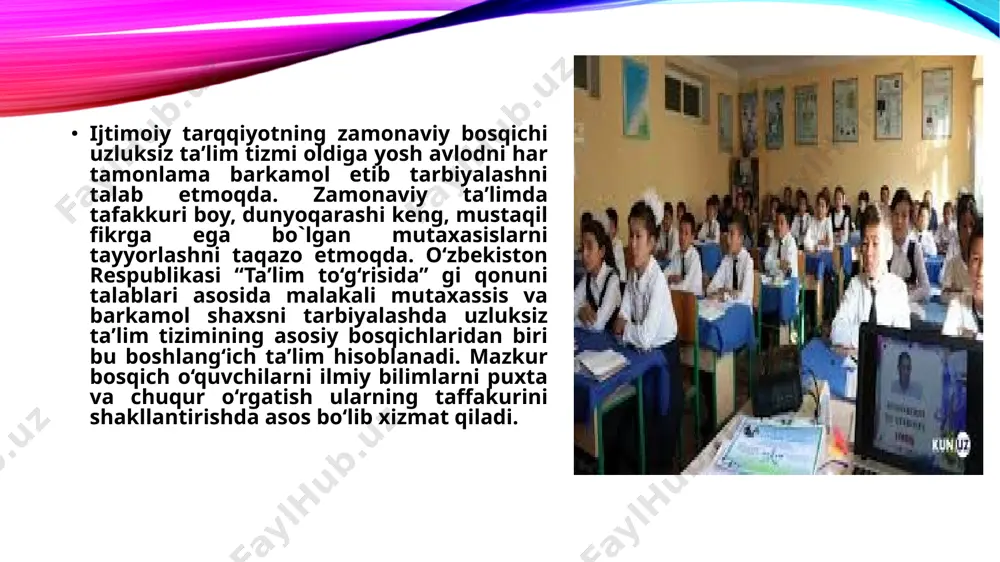 zdagi jonli va jonsiz tabiatda yuz berayotgan hodisa va jarayonlar to‘g‘risida bilimlar to‘plashga imkon beradi. shuning uchun ham pedagogika oliy o‘quv yurtlarining talabalari, ayniqsa, bo‘lajak boshlang‘ich sinf o‘qituvchilari, tabiatshunoslik fanini o‘qitishning ilmiynazariy va amaliy yutuqlari bilan yaxshi tanish bo‘lishlari kerak. shu o‘rinda prezidentimiz sh.m.mirziyoyev “yangi o‘zbekiston taʼlimining kelajagi” haqida quyidagi fikrlarini bildiradi: “taʼlim sifatini oshirish - yangi o‘zbekiston taraqqiyotining yakkayu yagona to‘g‘ri yo‘lidir”. “najot taʼlimda, najot tarbiyada, najot bilimda. maktab taʼlimini rivojlantirsak, oliy taʼlim ham, ilm ham kelajakda rivojlanadi. hozir bu masalaga eʼtibor qilmasak, nafaqat kechirmaydi, yoshlarimiz sharoit bor joyga ketadi”. tabiatning inson ongidagi aksi bo‘lgan tabiatshunoslik jamiyatning rivojlanishi bilan mukammalashadi. tabiatshunoslik tushunchalarini o‘zlashtirishda predmetlararo; nutqni rivojlantirish, o‘qish, matematika, ona tili, musiqa, ashulla, mehnat taʼlimi, rasm fanlari bilan aloqa o‘rnatilishi muhim ahamiyatga ega. predmetlararo aloqadan tizimli ravishda foydalanish bolalarni ilgari olingan bilimlarni qo‘llashiga, o‘quv faoliyatlarining barcha turlarida mantiqiy bog‘lanish o‘rnatishga o‘rgatadi. tabiatshunsolik fanini o‘qitish metodikasini yaxshi bilish boshlang‘ich sinf o‘qituvchisiga …