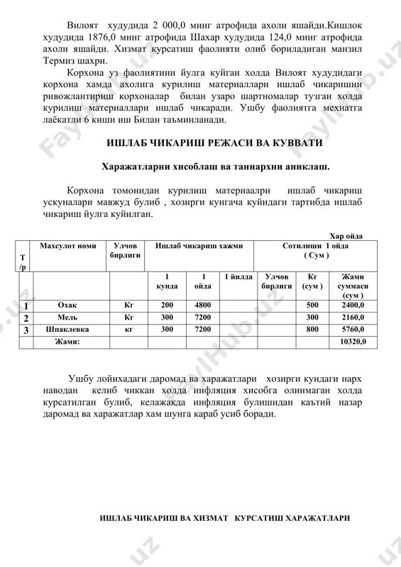 на томонидан лизинг асосида кредит маблагига олинган ишлаб чикариш ва хизмат курсатиш ускуналаридан максадли фойдаланиши, кредитнинг уз вактида кайтарилишини назорат килиш белгиланган тартибда банк муассаси ва солик органи томонидан амалга оширилади. корхона уз фаолиятини амалга ошириш давомида ташки мухит таъсирида носоглом вазиятлар келиш эхтимолини бартараф этиш учун белгиланган тартибда ветеринария хизмати, санитария эпидимология инспекциясини ва сугурта ташкилоти билан узаро алокада муносабат мажбуриятларини тузади. 6. корхона ва ходимларни бошкариш корхонанинг рахбари _______ хисобланади ва бошкаради. корхонада 8 киши иш олиб бориши мулжалланган. корхонанинг штат жадвали куйидагича жадвал – 8 (сумда ) № лавозими сони бир ойлик иш хаки бир ойда бир чоракда бир йилда 1, бошлик 1 120 000 120000 360 000 1440 000 2 хисобчи 1 110 000 110000 330 000 1320 000 3 ишчилар 6 100 000 600 000 1800 000 7200 000 жами : 830 000 2490 000 9960 000 молиявий режа корхона томонидан курилиш материаллари ишлаб чикариш …