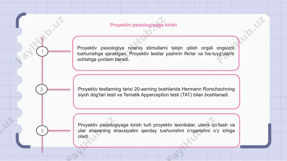 va motivatsiyasining yashirin tomonlarini ochib berish qobiliyati tufayli psixologiyada mashhur bo'lib qolmoqda. ularning haqiqiyligi va ishonchliligi bilan bog'liq tanqidlarga qaramay, proyektiv testlar turli klinik va tadqiqot sharoitlarida keng qo'llanilishida davom etmoqda. 1 2 3 proyektiv psixologiyadagi tanqidlar va munozaralar proyektiv psixologiya - bu noaniq ogohlantirishlarga javoblarni baholash orqali ongning ongsiz tomonlarini tekshiradigan soha. proyektiv testlarning tarixi 20-asrning boshlariga borib taqaladi, hermann rorschach kabi kashshoflar va uning siyoh dog'lari testi. ularning keng qo'llanilishiga qaramay, proyektiv testlar ilmiy asosga ega emasligi va talqin qilishda potentsial tarafkashlik tufayli tanqidga uchraydi. loyihaviy testning kelajakdagi tendentsiyalari proyektiv psixologiya proyektiv testlar yordamida ongning ongsiz tomonlarini o'rganadi. proyektiv testlar tarixi 20-asrning boshlarida hermann rorschach kabi kashshoflar bilan boshlangan. loyihaviy testning kelajakdagi tendentsiyalari baholashning aniqligini oshirish uchun texnologiyani o'z ichiga oladi. virtual haqiqat va sun'iy intellekt proyektiv testlarni o'tkazish va talqin qilish usulini inqilob qilishi mumkin. rivojlanishlarga qaramay, proektiv testlarni ishlab chiqish va amalga oshirishda axloqiy mulohazalar va …
