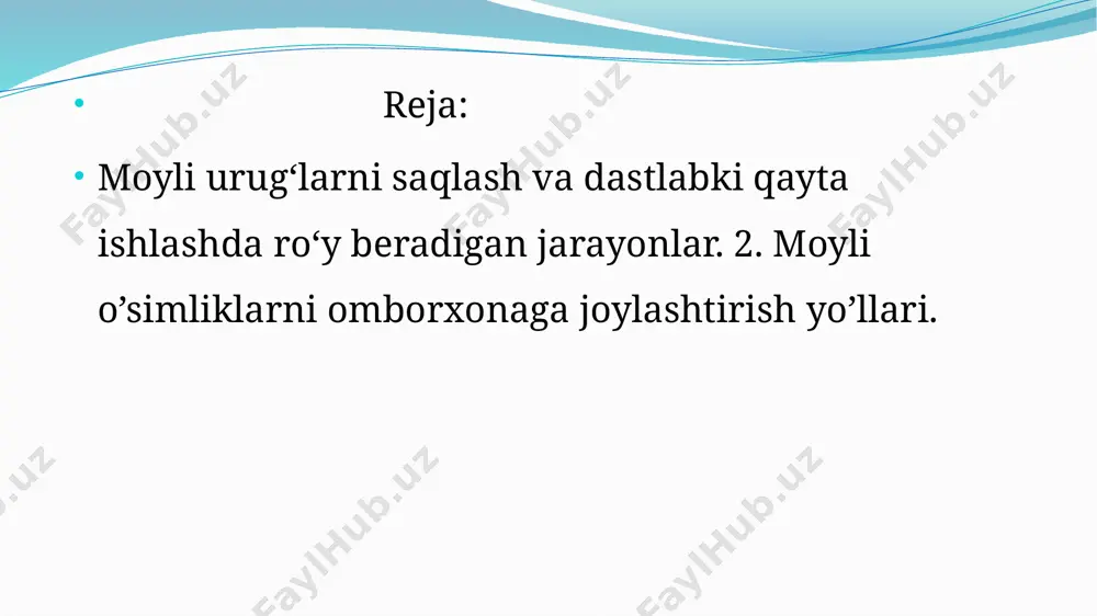 alandlikka uyum holda saqlanadigan moyli xom ashyolarning namligi quyidagidan oshmasligi kerak: kungaboqar urug‘ida 6-7%, paxta chigiti 6-8% va soyada 12%. omborxonaning qurilish konstruksiyasida qiyinchilik bilan boradigan joylar bo‘lmasligi kerak. omborxona devorlari gaz o‘tkazmaydigan bo‘lishi zarur; -shamollatish qurilmalari bilan jihozlanishi, urug‘lari ko‘chirish mexanizmlari va o‘zining alohida tarozisi bo‘lishi kerak. 1. omborxonada bajariladigan hamma ishlar imkon qadar mexanizasiyalashtirilgan bo‘lishi kerak. 2. omborxonalar urug‘ni tozalaydigan va quritadigan qurilmalar bilan jihozlangan bo‘lishi va bu qurilmalar urug‘ xususiyatlarga mos holda bo‘lishi kerak. 3. ombordagi urug‘ tozalash va quritish qurilmalarining ish unumdorligi qayta ishlaydigan urug‘ miqdoriga, texnologik talablarga mos bo‘lishi kerak. 4. omborxona yetarli darajadagi aloqa va yo‘llar bilan ta’minlangan bo‘lishi kerak. 5. omborxonaning sig‘imi iqtisodiy asoslangan bo‘lishi va maksimal miqdordagi xom ashyoni saqlash imkoniyatiga ega bo‘lishi kerak. omborxonada turli navdagi urug‘lar saqlanishi uchun yetarli bo‘limlari bo‘lishi kerak. 6. omborxonada quyidagilar bo‘lishi zarur: devor va pollari tuzatilgan, osti tekis, shikastlanmagan, derazalarga shishao‘tkazilgan; eshiklar tuzatilgan, mustaxkam bekitiladigan, …