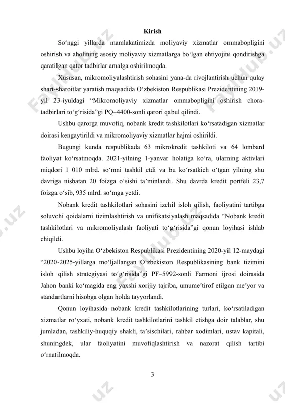 a tizimining toʻldiruvchisi sifatida nobank kredit tashkilotlari rivojiga xizmat qiladi. asosiy qism 1. nobank kredit tashkilotlarining zarurligi va iqtisodiyotdagi o‘rni bugungi kunda iqtisodiyotning barcha sohalaridagi kabi moliyaviy xizmatlar bozorida ham raqobat sharoitlarini yahshilash, moliyaviy xizmatlarni bozor tamoyillari asosida amalga oshirishni kengaytirish, moliyaviy xizmatlarning samarali infratuzilmasini yaratish va faoliyatini avtomatlashtirish muhim ahamiyat kasb etmoqda. so‘nggi besh yil davomida mikrokredit tashkilotlari soni 44 taga, lombardlar soni esa 31 taga ortib, bugungi kunga kelib 74 ta mikrokredit tashkilotlari va 77 ta lombardlar aholi va tadbirkorlarga mikromoliyaviy xizmatlar ko‘rsatib kelmoqda. hududlar qirqimida nobank kredit tashkilotlari toshkent shahrida 2 barobarga (jami soni 66 ta), farg‘ona va buxoro viloyatlarida 3 barobarga, (mos ravishda 20 ta va 14 ta) hamda toshkent viloyatida 1,5 barobarga (soni 15 ta) o‘sgan. 2021-yilning 1-iyulidan buyon nobank kredit tashkilotlari bozoriga yangi ishtirokchilarning – 8 ta mikrokredit tashkilotini hamda ularning 25 ta filial va chakana xizmatlar markazlarini, 10 ta lombardni kirib kelishi hisobiga …