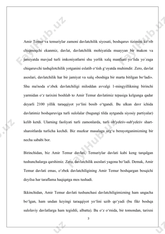 vofiqlashtirib turuvchi ma'lum bir tizim shakllangan bo`lishi darkor. 5. jamiyatda ijtimoiy-iqtisodiy munosabatlar ahvoli (taraqqiyoti) davlat diqqat markazida turmog`i lozim. 6. fan va madaniyat ravnaqi to`g`risida doimiy qayg`urish davlat ahamiyatiga molik qat`iy siyosat sifatida qaralmog`i lozim. 7. har bir davr shart-sharoiti, tartiblariga ko`ra davlat jamiyat ichki taraqqiyoti masalalarini tashqi dunyoda mavjud omillardan foydalangan holda ham hal etib borishi darkor. 8. davlat tepasida turgan kuchlar o`tmish, zamona va kelajakni teran tafakkur, qatiy iymon, g`oyatda yuksak ma'naviyatparvarlik va millatparvarlik ila anglamog`i kerak. mazkur sakkiz asos qonuniyat sifatida shakllangan edi. u yoki bu zamonda ulardan foydalanildimi yo yo`q, bu boshqa masala. biroq amir temurning o`zbek davlat​chiligi tarixida tutgan buyuk o`rni shundaki, u o`zining butun faoliyati mobaynida ana shu asoslarni ro`yobga chiqara oldi. ya'ni 150 yillik qaramlikdan so`ng davlatimiz siyosiy mustaqilligini tikladi; o`z davrida mav​jud shariat, to`ro-tuzuklar asosida jamiyat hayotini boshqarishni yo`lga qo`yildi; markazlashgan davlat tizimini yaratdiki, o`z zamonasi uchun bu dunyo miqiyosidagi taraqqiyparvar voqea …