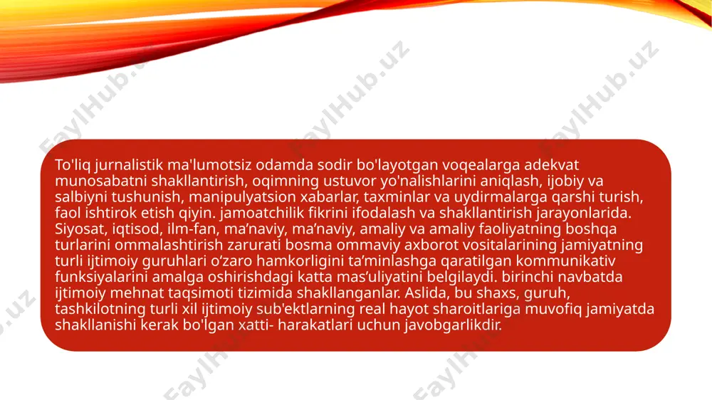 'zgardi. internet ushbu o'zaro ta'sirning yangi texnologik imkoniyatlarini qo'shdi. davlat va xususiy bosma nashr va ommaviy axborot vositalarida raqobat muxiti xalqaro jurnalistika diplomatiya bilan uzviy bog‘liq bo‘lib, u xalqlar o‘rtasidagi o‘zaro hamkorlikning ijtimoiy, huquqiy va siyosiy me’yorlaridan keng foydalanilish zaruratiga alohida e’tibor qaratadi. shuningdek, milliy-madaniy o‘ziga xosliklar, qadriyatlar, mentalitet va axloqiy-tarbiyaviy me’yorlar, an’ana va aqidalar ham xalqaro jurnalistikaning tarkibiy unsurlaridandir. darhaqiqat, demokratiya va inson xuquqlari, urush va tinchlik, giyohvandlik, terrorizm, ekologik muammolar, shuningdek yevropa davlatlarining dunyo hamjamiyatiga integratsiyasi masalalarini jahondagi deyarli barcha yirik oav sahifalarida ko‘rish, kuzatish mumkin. dunyo mamlakatlaridagi milliy jurnalistika maktablariga xos bo‘lgan umumiy o‘xshashliklar haqida so‘z yuritganda, ayni vaqtda har bir davlat jurnalistikasida muayyan tafovutlar ham mavjudligini e’tibordan soqit qilmaslik kerak. qayd etish joiz, jurnalistika sohasi jadal o‘zgarib borayotgan hamda oav murakkab jarayonlarni boshidan kechirayotgan mamlakatlarning asosiy guruhini sobiq sotsialistik davlatlar tashkil etadi. zero, jamiyatdagi ijtimoiy-siyosiy va iqtisodiy o‘zgarishlar davriy matbuot, radio va televideniening faoliyat yo‘nalishini belgilab …