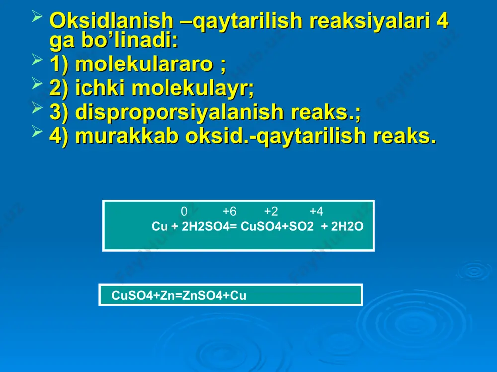 oh- +2,87 +1,78 +1,69 +1,68 +1,51 +1,46 +1,44 +1,36 +1,33 +1,23 +1,21 +1,09 +0,99 +0,96 +0,91 +0,80 +0,80 +0,77 +0,68 +0,59 oksidl.-qayt. reaks. potensiallari misol. zn- 2e zn2+ cu2++2есu е zn/zn2+= -0.763 v ; e cu/cu2+=+0,337 v reaksiyasi uchun: е сu/сu2+- е zn/zn2+= 0.337 - (-0.763) = 1.1 v 2 fecl3+sncl2= 2 fecl2+ sncl4 reaksiyasi olinsa e fe2+/fe3+= +0,77 v e sn4+/sn2+=+0,15 v agar 2nacl+ fe2(so4)3=2feso4+ cl2+na2so4 2cl- + fe3+ = cl2 +fe2+ 2cl-/cl2 uchun e= +1,36 v; fe3+/fe2+ uchun e= +0,77 v; oksid-chining standart elektrod potensiali qayt-chinikidan kichik reaksiya to’g’ri yonalish bo’yicha bormaydi. oqr ahamiyati. tirik organizmdagi barcha reaksiyalar oqr iboratdir. nafas olish, ovqat hazm qilish, turli biokimyoviy sintezlar. mikroelementlar yetishmasligi oqr yo’nalishida o’zgarishlar ro’y berishi bilan bog’langan. oqr klinik analizda ishlatiladigan qondagi kalsiyni aniqlash, siydik kislotasi, katalaza va peroksidaza fermentlari, xlor, xlorli ohak, ichimlik suvlardagi qoldiq xlorni aniqlash va oksidimetriya usullarida qo’llaniladi. 6 6 3 3 2 7 …