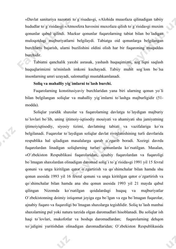 lgan qator o`zgartirish va qo`shimchalar bilan hamda ana shu qonun asosida 1993 yil 21 mayda qabul qilingan nizomda ko`rsatilgan qoidalardagi huquq va majburiyatlar o`zbekistonning doimiy istiqomat joyiga ega bo`lgan va ega bo`lmagan fuqarolar, ajnabiy fuqaro va fuqaroligi bo`lmagan shaxslarga tegishlidir. soliq to`lash manbai shaxslarning pul yoki natura tarzida olgan daromadlari hisoblanadi. bu soliqlar ish haqi to`lovlari, mukofotlar va boshqa daromadlardan; fuqarolarning dehqon xo`jaligini yuritishdan olinadigan daromadlaridan; o`zbekiston respublikasida doimiy istiqomat joyiga ega bo`lmagan shaxslarning o`zbekistondagi manbalardan oladigan daromadlaridan tashkil topadi. bu soliq va yig`imlarni undirishni davlat idoralari tomonidan o`zbekiston davlat soliq qo`mitasi, moliya vazirligi organlarining o`zini o`zi boshqarish idoralari amalga oshiradi. soliqlarni o`z vaqtida to`lamagan, to`lashdan bo`yin tovlagan, daromadini yashirgan va soliq to`g`risidagi qonunlarni buzgan shaxslar uchun moddiy (jarima to`lash, yashirgan yoki kamaytirib ko`rsatgan daromadni undirish), ma'muriy (jarima to`lash) va qonunda ko`rsatilgan hollarda jinoiy javobgarlik ham belgilangan. shuni qayd etish kerakki, fuqarolardan undirilgan soliqlar va to`lovlar fuqarolarning extiyojlari uchun xalq …