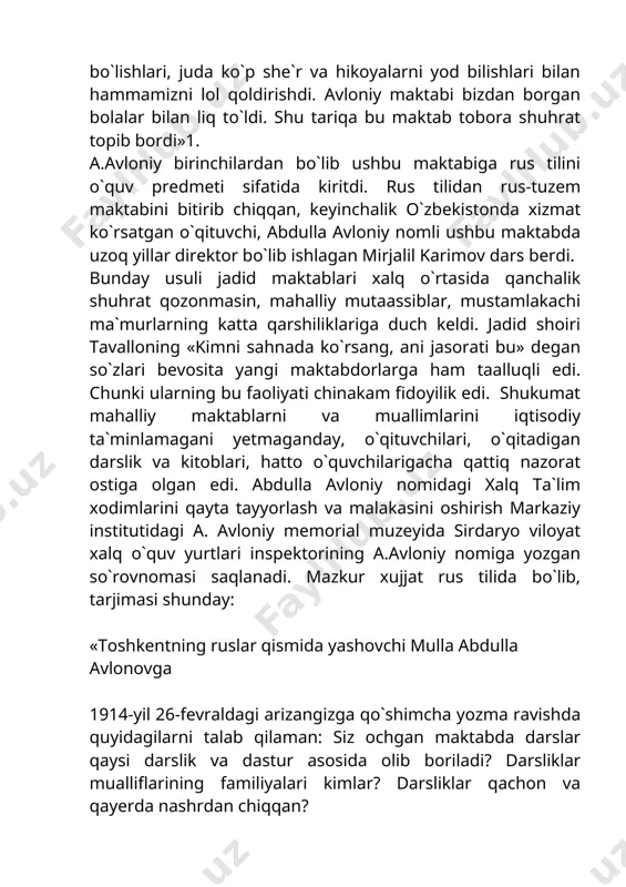 zem maktabini bitirib chiqqan, keyinchalik o`zbekistonda xizmat ko`rsatgan o`qituvchi, abdulla avloniy nomli ushbu maktabda uzoq yillar direktor bo`lib ishlagan mirjalil karimov dars berdi. bunday usuli jadid maktablari xalq o`rtasida qanchalik shuhrat qozonmasin, mahalliy mutaassiblar, mustamlakachi ma`murlarning katta qarshiliklariga duch keldi. jadid shoiri tavalloning «kimni sahnada ko`rsang, ani jasorati bu» degan so`zlari bevosita yangi maktabdorlarga ham taalluqli edi. chunki ularning bu faoliyati chinakam fidoyilik edi. shukumat mahalliy maktablarni va muallimlarini iqtisodiy ta`minlamagani yetmaganday, o`qituvchilari, o`qitadigan darslik va kitoblari, hatto o`quvchilarigacha qattiq nazorat ostiga olgan edi. abdulla avloniy nomidagi xalq ta`lim xodimlarini qayta tayyorlash va malakasini oshirish markaziy institutidagi a. avloniy memorial muzeyida sirdaryo viloyat xalq o`quv yurtlari inspektorining a.avloniy nomiga yozgan so`rovnomasi saqlanadi. mazkur xujjat rus tilida bo`lib, tarjimasi shunday: «toshkentning ruslar qismida yashovchi mulla abdulla avlonovga 1914-yil 26-fevraldagi arizangizga qo`shimcha yozma ravishda quyidagilarni talab qilaman: siz ochgan maktabda darslar qaysi darslik va dastur asosida olib boriladi? darsliklar mualliflarining familiyalari kimlar? …