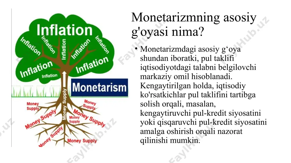 rkorlik erkinligi, bozor mexanizmlarining oʻzi davlat iqtisodiyotga faol aralashmagan hollarda ham takror ishlab chiqarishning oʻz meʼyorida borishini taʼminlaydi deb qaragan. uning nuktai nazariga koʻra, davlatning vazifasi muomaladagi pul miqdori oʻsishini tartibga solish bilan chegaralanishi lozim fridmanning devid va yan ismli ikki farzandi bor edi. u 1932 yilda chikago universitetida rafiqasi rouz fridman bilan tanishgan va olti yildan keyin, 1938 yilda turmushga chiqqan. fridman ba'zi hamkasblariga qaraganda ancha pastroq edi; u 5 fut 0 dyuymni (1,52 m) o'lchagan va binyamin appelbaum tomonidan "elf libertarist" sifatida tasvirlangan. rouz fridman fridmanning muvaffaqiyatlari haqida so'raganida, "menda milton bilan professional raqobatlashish istagi hech qachon bo'lmagan (ehtimol, men buni qila olmasligimni tan oladigan darajada aqlli bo'lganim uchundir). boshqa tomondan, uning yutug‘i mening yutug‘imdir”. "inflyatsiya har doim va hamma joyda pul hodisasidir". m.fridman u o'z davrining intellektual muhitiga qarshi chiqdi va pulning miqdoriy nazariyasini hayotiy iqtisodiy tamoyil sifatida qayta tasdiqladi. 1956 yilda "pulning miqdoriy nazariyasi bo'yicha tadqiqotlar" …