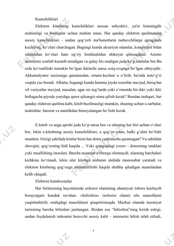 htirilishi haqida shubha qiladigan nuanslardan kelib chiqadi. elektron kutubxonalar har birimizning hayotimizda axborot olamining ahamiyati tobora kuchayib borayotgani kundek ravshan. «infosfera» (axborot olami) olis manzillarni yaqinlashtirib, oraliqdagi masofalarni qisqartirmoqda. mazkur olamda insoniyat tarixining barcha bilimlari jamlangan. bizdan esa “infosfera”ning kirish eshigi, undan foydalanish imkonini beruvchi asosiy kalit – internetni bilish talab etiladi, xolos. bu ma`ruzamiz ta’lim va fan sohasida tobora ahamiyati ortib borayotgan, jahon bilim omborining asosiga aylanayotgan elektron kutubxonalarga dahldor. elektron kutubxona deganda nimani tushunamiz? uning tarkibiy qismlari nima? xalqaro tarmoqdagi minglab kitoblarni o‘z ichiga oladigan saytlar elektron kutubxonami yoki kutubxona saytlari hammi? raqamli kolleksiyalarni yaratish uchun qanday bilim va malakalar kerak bo‘ladi? ushbu ma`ruzada shu kabi savollarga javob topishga harakat qilamiz (maqolada "elektron kutubxona", "e-kutubxona" va "raqamli kutubxona" terminlari bir ma'noda qo‘llaniladi). elektron kutubxona-internetning ajoyib imkoniyatlaridan biridir. bu kutubxonaning elektron shaklidir. kutubxona deganda, odatda, ko`plab kitoblar terib qo`yilgan , uzun, katta javonlar joylashgan xonalar ko`z oldimizga keladi. elektron …