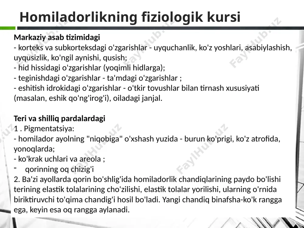adon bo'yni shilliq qavatining bachadonning homiladorlik uchun ijobiy biologik va immunologik reaktsiyalar. kechki homiladorlik diagnostikasi ishonchli belgilarga asoslanadi : homila qismlarini homila yurak urishini hissi , rentgen, ultratovush, ekg, fcg homiladorlikni o'rnatish uchun ushbu belgilardan birini aniqlash kifoya . 6 urug'langan tuxumning urug'lanishi va rivojlanishi 7 embri̇on va homilikr rivojlanishining muhim davranlari kritik davrlar uchun - zararli omillar embrionning o'limiga olib kelishi mumkin. shunday qilib, jsst ma'lumotlariga ko'ra, normal homiladorlik davrida 1000 ta homiladorlikdan 300 ta homila nobud bo'ladi. har bir organning ontogenezida organlar va tizimlarning bir vaqtning o'zida bo'lmagan shakllanishi va farqlanish tezligi bilan bog'liq alohida tanqidiy davrlar mavjud. hujayraning biologik tizim sifatida rivojlanishining tanqidiy davrlari. alohida hujayra organellalarining rivojlanishida tanqidiy davrlar haqida dalillar mavjud. xomilaning rivojlanishiga ta'sir qiluvchi omillar ekzogen va endogenga bo'linadi : jismoniy (harorat, ionlashtiruvchi nurlanish va boshqalar); kimyoviy moddalar (sanoatda, kundalik hayotda ishlatiladigan, platsenta to'sig'idan o'tuvchi moddalar, dorivor moddalar, giyohvand moddalar, ortiqcha a, d, c …