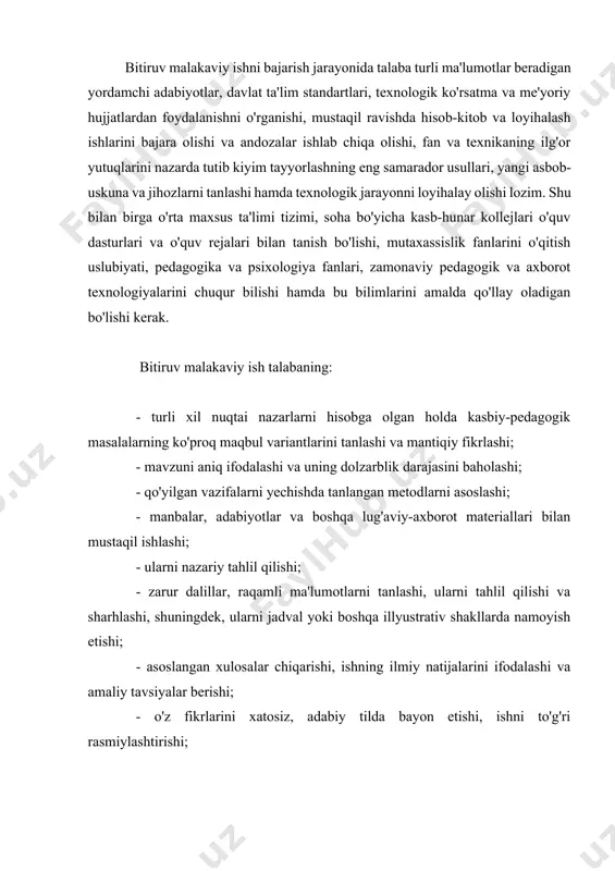 iruv malakaviy ish malakaviy faoliyat bo’lib, u talabaning nazariy va amaliy bilimlarni o’zlashtirganligini hamda kasbiy tayyorgarlik darajasini belgilashning muhim omili hisoblanadi. bitiruv malakaviy ishni bajarish jarayonida talaba: tanlangan ilmiy mavzuning dolzarbligini asoslashi; tadqiqotning maqsadi va uni amalga oshirishda hal qilinishi lozim bo’lgan masalalarni aniqlashtirishi; tadqiqot predmeti va obyektini aniqlashi va tavsiflashi; tadqiqot natijalarini tahlil qilishi va qayta ishlashni olib borishi; xulosalar chiqarishi, olingan natijalarni baholashi va ilmiy tadqiqoti bo’yicha takliflar berishi lozim. malakaviy ishning tarkibiy tuzilishi titul varag’i; mundarija; kirish; asosiy qism (mavzuning batafsil bayoni); xulosa; foydalanilgan adabiyotlar va manbalar ro’yxati; bitiruv malakaviy ish bilan bog’liq ilovalardan iborat bo’ladi. titul varag’i bitiruv malakaviy ishning birinchi sahifasi hisoblanadi va u belgilangan shaklda rasmiylashtiriladi (4-ilova). titul varag’idan keyin mundarija keladi. mundarija qismida bitiruv malakaviy ishning boblari, paragraflari va bandlari keltiriladi. bitiruv malakaviy ishning boblari, paragraflari va bandlarining nomlari qisqartirilmaydi va asosiy matn sarlavhasiga muvofiq tarzda berilishi zarur. (5-ilova) mundarijadan keyin ishning kirish …