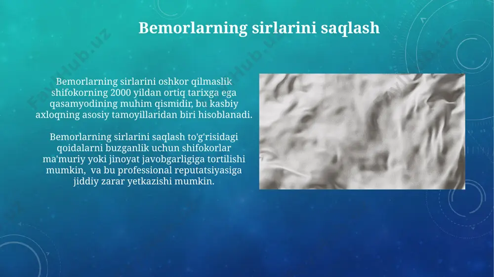 sirini saqlash – jarrohlikdan voz kechish bilan ham bog'liqdir, chunki bu amaliyot bemorga zarar yetkazishi mumkin. jarrohlik amaliyotidan voz kechish shifokorning qasamyodida 4-bandda aks ettirilgan bo'lib, u o'ziga jarrohlik amaliyotini bajarishga ruxsat berilmagan hollarda bemorlarni tegishli mutaxassislarga yuborishga majbur qiladi. e'tiboringiz uchun rahmat @taqdimot_robot image3.png image4.jpg image5.jpg image6.jpg image7.jpg image8.jpg image9.jpg image10.jpg image11.jpg image12.jpg image13.jpg image14.jpg image15.jpg image16.jpg image17.jpg image18.jpg image19.jpg image20.jpg