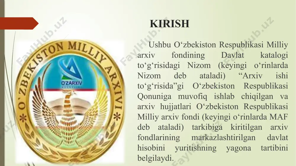 ari. o‘zbekiston respublikasi milliy arxiv fondining davlatga tegishli bo‘lmagan qismi; davlat arxivlari; nodavlat arxivlari; mafning davlatga tegishli bo‘lmagan qismiga kiritilgan hujjatlarni vaqtinchalik saqlashni amalga oshirayotgan davlat arxivlarining jamlash manbalari. mafning davlatga tegishli bo‘lmagan qismiga kiritilgan jismoniy shaxslarning shaxsiy arxiv hujjatlari. arxivning davlat katalogidagi indeks raqami tegishli arxivning reyestridagi tartib raqamiga mos kelishi shart va quyidagi sxema bo‘yicha ko‘rsatiladi: d-[reyestr raqami] — davlat arxivlari uchun; n-[reyestr raqami] — nodavlat arxivlari uchun. 1.3, 2.3, 2.4-bo‘linmalarining 1-ustunida arxivning jamlash manbaiga muvofiq bo‘lgan indeks ko‘rsatiladi. 3-ustunda tegishli arxivdagi mazkur arxiv fondiga berilgan arxiv fondi raqami ko‘rsatiladi. fondlar varaqasi kalendar yil mobaynida yangi arxiv fondlari tashkil etilsa, ushbu fondlar shakllanishidan keyin bir oy muddatda “o‘zarxiv” agentligiga 4-ilovaga muvofiq shakl bo‘yicha fondlar varaqasi taqdim etilishi kerak. taqdim etilgan fond varaqalari mas’ul shaxs tomonidan tekshiriladi hamda ma’lumotlarning to‘liqligi va haqqoniyligi tasdiqlangandan so‘ng fond katalogiga kiritiladi. axborotlari to‘liq va aniq bo‘lmagan fond varaqalari fond katalogiga kiritilmaydi. arxiv fondlarini …