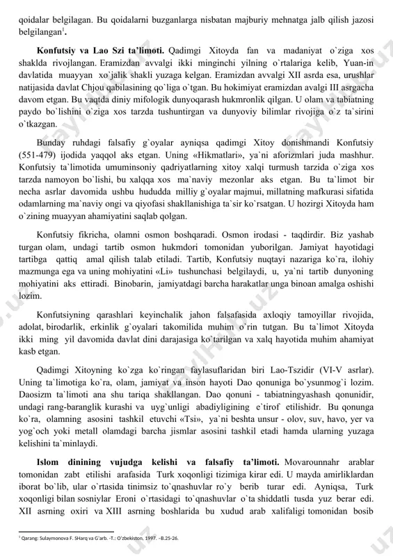 as, harakatsiz va harakatchan ko’rinishlarga ega. «upanishada»da atman – bu ham tana, ham individual jon. braxman va atman bir-biri bilan o’zaro bog’liq «hamma narsa braxman, braxman esa atmandir», deyiladi. atman o’zgaruvchan, uning turli holatlari mavjud: uyg’oqlik; tushli uyqu; tushsiz uyqu; turiya (atman hech narsani his qilmaydigan, o’z-o’ziga teng bo’ladigan holat). markaziy osiyoda “avesto” ta’limotidagi falsafiy fikrlar. eramizdan avvalgi x asrdan eramizning vii asrlarigacha bo`lgan davr mahsuli bo`lgan diniy-falsafiy ta`limotlardan biri zardo`shtlikdir. bu ta`limotga zardo`sht asos solgan bo`lib, sharq va g`arbda zaratushtra, zaroastr nomlari bilan mashhurdir. manbalarga ko`ra, zardo`sht, eramizdan avvalgi vi asrning birinchi yarmida yashagan. lekin uning tarixiy yoki afsonoviy shaxs ekanli haqida aniq bir to`xtamga kelingan yo`q. u o`zini payg`ambar deb e`lon qilgan. lekin uning payg`ambarligi ilohiy asosga ega. ya`ni bu haqiqat ilohiy kitoblarda o`z tasdig`ini to’magan. keyingi yillarda olib borilgan tadqiqotlar shuni ko`rsatmoqdaki, bu ta`limot vatanimiz hududida, xususan, xorazm zaminida paydo bo`lgan. u o`z davrida xalqni ezgulik va …