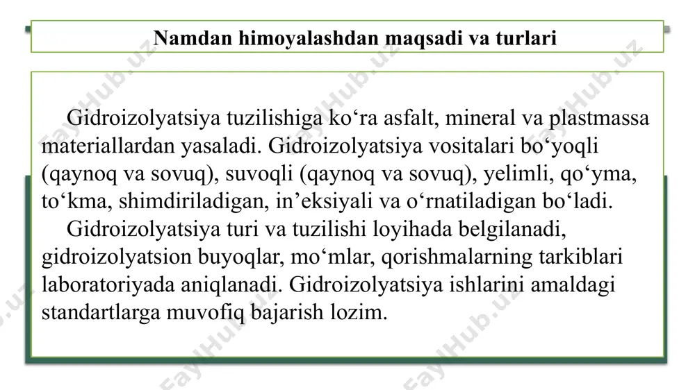 lastiklik hususiyatidan iz ham qolmaydi. haroratning o’zgarishi uni juda kuchsiz qilib qo’yadi, shu sababli hatoki kichik mexanik deformatsiya ham unda yoriqlar paydo bo’lishiga sabab bo’ladi. xulosa yuqorida ko’rilgan usul gidroizolyatsiyaning eng ko’p tarqalgan usullaridan biri hisoblanadi. bunga sabab ushbu usulning samaradorligi va arzonroq bo’lishi mumkin. ammo bu yerda ushbu texnologiyaning ham bir qator kamchiliklari uchrab turishini hisobga olish kerak. o’rnatish paytidagi xavfliligi – oddiygina rulonlarni yoyib chiqish uchun maxsus kiyim kechaklar talab etiladi. kesish uchun ham maxsus texnika talab etilishi ishning tannarxini oshirib yuborishi mumkin. adabiyotlar husanxo’jayev o’, davronov g’ “gidrotexnika ishlarini bajarish” toshkent 2014 y www.polimochevina.ru/ www.izolyatsii.ru image1.png image2.png image3.png image4.png image5.png image6.jpg