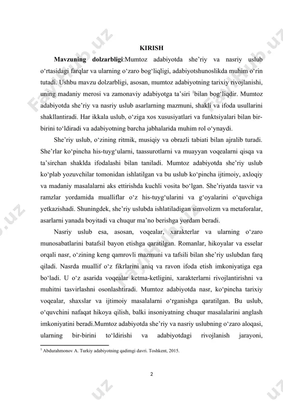 ga yetkazishadi. shuningdek, she’riy uslubda ishlatiladigan simvolizm va metaforalar, asarlarni yanada boyitadi va chuqur ma’no berishga yordam beradi. nasriy uslub esa, asosan, voqealar, xarakterlar va ularning o‘zaro munosabatlarini batafsil bayon etishga qaratilgan. romanlar, hikoyalar va esselar orqali nasr, o‘zining keng qamrovli mazmuni va tafsili bilan she’riy uslubdan farq qiladi. nasrda muallif o‘z fikrlarini aniq va ravon ifoda etish imkoniyatiga ega bo‘ladi. u o‘z asarida voqealar ketma-ketligini, xarakterlarni rivojlantirishni va muhitni tasvirlashni osonlashtiradi. mumtoz adabiyotda nasr, ko‘pincha tarixiy voqealar, shaxslar va ijtimoiy masalalarni o‘rganishga qaratilgan. bu uslub, o‘quvchini nafaqat hikoya qilish, balki insoniyatning chuqur masalalarini anglash imkoniyatini beradi.mumtoz adabiyotda she’riy va nasriy uslubning o‘zaro aloqasi, ularning bir-birini to‘ldirishi va adabiyotdagi rivojlanish jarayoni, adabiyotshunoslikda dolzarb mavzulardan biridir. o‘zaro aloqalar, she’riyat va nasr o‘rtasidagi sintez, yangi shakllar va uslublarning paydo bo‘lishiga olib keladi. shu sababli, mumtoz adabiyotda she’riy va nasriy uslub o‘rtasidagi munosabatlarni o‘rganish, adabiyotning rivojlanishiga, uning ijtimoiy va madaniy kontekstini tushunishga yordam …