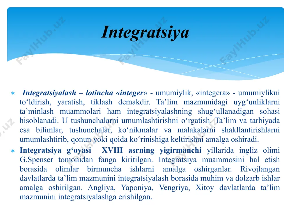 rlandiyada alohida oʻquv predmetlari, irlandiyada fan va texnika kabi bloklarda barcha oʻquv fanlari mujassamlashtirilgan holda oʻqitiladi. bolgariyalik olimlar tabiiy-ilmiy bilimlarni oʻz ichiga olgan, 10-12 yoshlik bolalarga moʻljallangan integratsiyalangan kurs yaratishdi. shunday qilib, oʻqish, yozish va ogʻzaki nutq “til san’ati”ga, tarix, geografiya, fuqaroshunoslik, jamiyatshunos-lik, fizika, kimyo, biologiya, astronomiya, tabiatshunoslik va shu kabilarga birlashtirildi. integratsiyaning bunday usulidan toʻliqsiz va toʻliq oʻrta maktablarda qoʻllaniladi. bir qator mamlakatlar tajribalari koʻrsatishicha, integratsiyalangan kurslar qulay shakl boʻlib qoldi. maktabda oʻqitiladigan fanlarni bir butun tizimli ravishda oʻqitish imkoniyati tugʻilganga oʻxshaydi. oʻquvchini dunyo bilan suhbatga tortish, inson, tabiat, jamiyat, fan, san’at bilan suhbatlashishga faqat odamlar suhbatlashadigan til bilangina emas, hayvonlar, oʻsimliklar tili bilan, rassomlar, musiqachilar, olimlar foydalanadigan til bilan tanishtirishdir. kichik maktab oʻquvchisiga fikr doirasi keng boʻlgan muloqot san’atining boshlangʻich savodini egallashda yordam berish muhimdir. bu savod oʻzida odamlar bilan mulohotdan tortib (tengdoshlar, katta yoshdagilar, kichik yoshdagilar) oʻz-oʻzi bilan muloqotdan to atrof-muhitdagi hodisalar bilan muloqotni qamrab oladi. kursning …