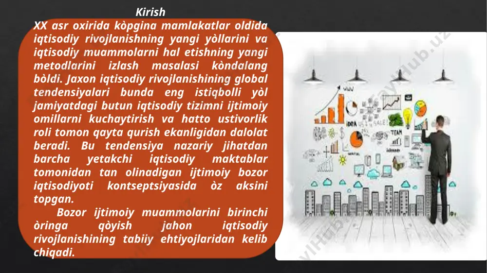 ratish rejalashtirilmoqda. 78 ta tuman tibbiyot birlashmasini, 7 ta shahar va 2 ta viloyat ko’p tarmoqli tibbiyot markazini qayta qurish, tez tibbiy xizmatni 1200 ta maxsus avtotransport bilan ta’minlash rejalashtirilmoqda. qishloq joylarida 15000 ta arzon uy—jjoy, 415 kilometrlik suv ta’minoti quvrlari, 316 kilometirlik gaz ta’minoti quvrlari va 291 km lik ichki yo’llar qurish rejalashtirilgan. aholiga transport xizmatlari ko’rsatish sifatini yaxshilash maqsadida 86 ta yangi avtobus yo’nalishini joriy etish va 537 ta zamonaviy avtobus xarid qilish nazarda tutilmoqda. 2017—yil yanvar—sentabr oylarida o’zbekistonda yalpi ichki maxsulot o’tgan yilga nisbatan 5,3% o’sib, 170,074 trillion so’mni tashkil etdi. (2016-yilda bu 7.8% edi) bunda sanoat 5,6%, qurilish ishlari 5,3%, qishloq qurilish maxsulotlari ishlab chiqarish 3,5%, chakana tovar aylanmasi 4,3%, xizmatlar 6,9%. o’zbekiston ya.i.m bo’yicha dunyoda (2016-yilda 70- o’rinda bo’lgan, 2017-yida 61-o’ringa ko’tarildi) tadbirkorning yo’liga to’siq qo’yish –prezident siyosatiga qarshi chiqishdir “yaqinda jaxon banki tomonidan o’tkazilgan bu yilgi biznes soxasidagi xalqaro reyting xaqida ommaviy axborot vositalari …