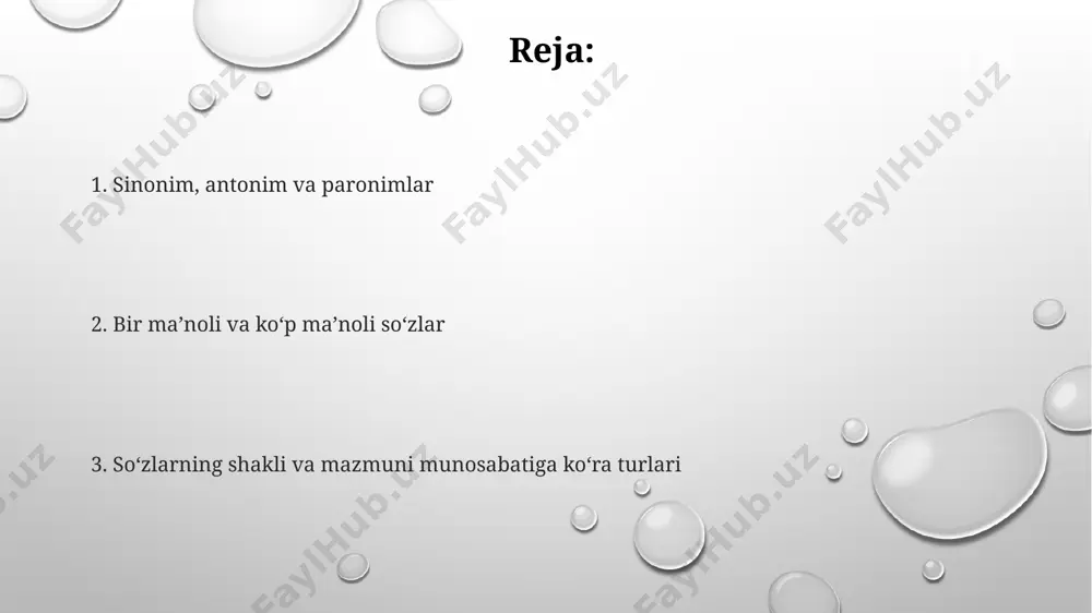 an barqaror soʻz birikmalari hisoblanadi. frazeologizmlar tarkibiga kiruvchi soʻzlarning oʻzining lugʻaviy ma’nosi frazeologizmlarning umumiy ma’nosidan farq qiladi, masalan, "qoʻl silash" frazeologi-zmining lugʻaviy ma’nosi bilan frazeologik ma’nosi oʻrtasida sezilarli farq mavjud. sinonimlar va antonimlar antonimlar bir-biriga qarama-qarshi ma'noga ega bo'lgan so'zlardir, ularning ma'nolari 2 qutbni ifodalaydi; masalan, yaxshi-yomon, issiq-sovuq. ularning turli turlari mavjud: gradativ, komplementar va kontrastiv. sinonimlar leksik birliklarning 1 yoki undan ortiq ma'nolarini ifodalovchi, ammo fonetik jihatdan farq qiluvchi so'zlardir; masalan, katta-ulug', chiroyli-go'zal. ularning o'rtasida semantik farqlar ham bo'lishi mumkin. sinonimlar va antonimlarning o'zaro munosabatlari leksik ma'no boyligini ko'rsatadi, ularning soni 3000 dan ortiq bo'lib, tilning ifoda vositalarini kengaytiradi va nutqni rang-barang qiladi. bir maʼnoli soʻzlar morfologik jihatdan bir maʼnoli soʻzlar odatda sodda, yaʼni qoʻshimchasiz yoki kam qoʻshimcha bilan qoʻllaniladigan soʻzlardir,masalan, “stol”, “uy”, “kitob” kabi. bir maʼnoli soʻzlar, lugʻat tarkibida taxminan 20-25% ni tashkil qiladi va ularning sinonimlari yoki yaqin maʼnoli soʻzlari deyarli mavjud emas. semantik jihatdan bir maʼnoli …