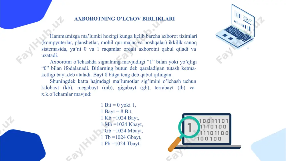sh maqsadida, qadimda sun’iy hisoblash vositalarini yaratish ehtiyoji tug‘ilgan. miloddan avvalgi v–iv asrlarga kelib, odamlar qadimgi yunoniston va rimda hisob taxtasining takomillashgan ko‘rinishi – abaklardan foydalana boshlagan. yaponlar serobyan, xitoyliklar suan-pan, ruslar esa cho‘tlardan foydalanishgan. mexanik mashinalar davri. birinchi mexanik mashina 1623-yilda nemis matematigi vilgelm shikkard tomonidan yaratilgan bo‘lib, u to‘rtta matematik amalni bajarishga mo‘ljallangan edi. elektromexanik mashinalar davri. 1822-yilda ingliz matematigi charlz bebbij tomonidan bug‘ orqali dastur asosida boshqariluvchi va natijalarni chop eta oluvchi hisoblash mashinasi yaratildi hisoblash texnikasi rivojlanish tarixi davrlari elektron hisoblash mashinalari davri. aqshning pensilvaniya universitetida jon uilyam mokli va jon prosper ekkert 1946-yilda eniac (electronic numerical integrator and calculator) nomli elektron hisoblash mashinasini yaratishdi. mashina 18 000 ta elektron lampadan iborat bo‘lib, 70 tonnaga yaqin vaznga ega bo‘lgan hamda 120 kvadrat metr sathni egallagan. elektron hisoblash mashinalarida qo‘llaniladigan asosiy elementlar takomillashib, o‘zgarib borishi natijasida bu davrning o‘zi ham bir necha avlodlarga bo‘linadi. hisoblash texnikasi rivojlanish …