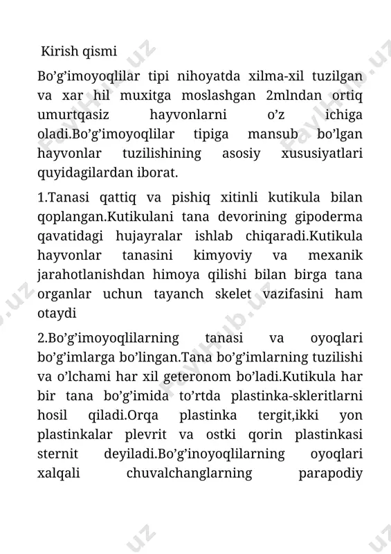boshko‘krak qismining ikkinchi juft o‘simtasi bu pedipalpalardir (paypaslagich oyoq). ularning har biri 6 ta bo‘g‘imdan tashqil topgan, keyingi ikki bo‘g‘imi haqiqiy qisqichni hosil qiladi. pedipalpalar asosan sezish vazifasini bajaradi, lekin ular ovqatni (hasharotlarni) tutish va ushlab og‘izga olib kelishda ishtirok etadi (51-rasm). chayonning yurish oyoqlari 4 juft. 51-rasm. chayon (butchus eupeus) ning orqa va qorin tomonidan ko‘rinishi. 1-bosh ko‘krak qismi; 2-xelitsera; 3-pedipalpa; 4-yurish oyoqlari; 5-telson; 6-nayza; 7-i-vii-oldingi qorin segmentlari; 8-viii-xii-keyingi qorin segmentlari; 9-anal teshigi; 10-nafas olish teshiklari; 11-taroqsimon o‘simta; 12-jinsiy qopqoqchalar. o’rgimchaklar turkumi(aranei) qoraqurt (lathrodestus tredesimguttatus) kanalar turkumi (acari) yaylov kanasi (ixodes ricinus) ning tuzilishi yaylov kanasi (ixodes ricinus) ning tuzilishi. a- urg‘ochisi: b- xartumchasi: s-qorin tomonidan ko‘rinishi: 1-xartum; 2-tana qismi; 3-yurish oyoqlari; 4-asosiy xartumi; 5-pedipalpa; 6-gipostom; 7-xelitseralar; 8-xelitsera qini. jabra bilan nafas oluvchilar (branchiata) kenja tipi. qisqichbaqasimonlar (crustacea) sinfi. tuban qisqichbaqasimonlar: dafniya va siklop 1. dafniya (daphnia pulex)ning tuzilishi dafniya shoxdor mo’ylovli qisqichbaqalar (cladocera) ya’ni suv burgalari kenja turkumiga …