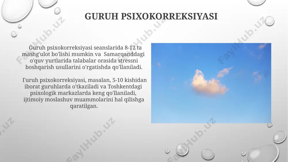 n belgilanadi, masalan, andijonda qo'llaniladigan kognitiv-xulq terapiyasi. psixologik konsultatsiya mijozning 3 ta asosiy muammosi – stress, tashvish va uyqusizlikka qaratilgan holda, 5 dan ortiq seans davomida toshkentdagi ixtisoslashgan markazlarda amalga oshiriladi. davolash va reabilitatsiya samarqand viloyatida joylashgan bir reabilitatsiya markazida o‘tkazilgan 10 yillik kuzatuvlar, 90% bemorlarning ijtimoiy moslashuviga va hayot sifatining yaxshilanishiga “davolash va reabilitatsiya” dasturlarining ta’siri haqida dalillar keltirdi. “davolash va reabilitatsiya” jarayonida, toshkent shahridagi 5 ta reabilitatsiya markazida o‘tkazilgan tadqiqotlar shuni ko‘rsatdiki, 70% bemorlarda individual psixokorreksiya usullari samarali bo‘lgan. natijalarni baholash va monitoring samarqanddagi 20 nafar bemor bilan o‘tkazilgan tadqiqot natijalarini tahlil qilishda, 70% hollarda ijobiy dinamikani kuzatdik, bu esa psixokorreksiya usullarining samaradorligini tasdiqlaydi. farg‘ona viloyatida 100 ta oila bilan olib borilgan uzun muddatli monitoring (1 yil) shuni ko‘rsatdiki, oilaviy psixologik konsultatsiya oilaviy nizolar sonini 45% ga kamaytirishga yordam berdi. etik masalalar va professional standartlar тошкент шаҳридаги психологик ёрдам марказларидаги 2023 йилги маълумотларга кўра, 70% мурожаатлар этикага оид …
