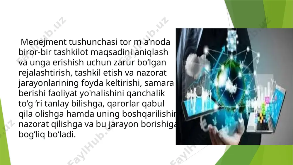 irlar respublikamiz korxonalarida bozor munosabatlariga javob beradigan rahbarlarni tayyorlashga imkon yaratdi. respublikadagi o‘ta qobiliyatli talabalarni rivojlangan xorijiy davlatlar oliy ilmgohlariga o‘qitishga yo‘llash hamda qobiliyatli yoshlarni qo‘llabquvvatlash maqsadida respublikamiz prezidentining «umid» jamg‘armasi tashkil etilishi shu tadbirlardan biridir. ijtimoiy-ruhiy boshqaruv usullari. bu usul mehnatkashlarning ishlab chiqarishni boshqarishda keng miqyosda ishtirok etishiga asoslangan bo‘lib, bu usulni qo‘llashdan asosiy maqsad jamoalarda sog‘lom ijtimoiy-ruhiy muhit yaratishdir. mehnat jamoalarida ijtimoiy-ruhiy muhitning holati chiqqan nizolar soni bilan belgilanadi. nizo—bu rahbar, ishchi va boshqa xodimlar orasida muayyan masalalarni hal qilishda tomonlarning bir-biri bilan bir yechimga kela olmaganligini bildiradi. jamoa a’zolari orasidagi nizolarning ko‘pchiligi ishlab chiqarishning qoniqarsiz tashkil qilinganligi, rahbarlarning ish jarayonida o‘ziga bo‘ysunuvchi jamoa a’zolarining ruhiy holatlarini hisobga olmaganligi, zarur ish sharoitining yaratilmaganligi va boshqa sabablar natijasida vujudga keladi. zamonaviy talablarga moslab bozor iqtisodiyotini boshqarib borish muammosini juda keng va chuqur ma’noda anglashimiz lozim. ya’ni bunday boshqarish tizimi eng kichik hududiy hokimiyatdan (masalan, qishloq yoki mahalla rahbariyatidan) tortib, …