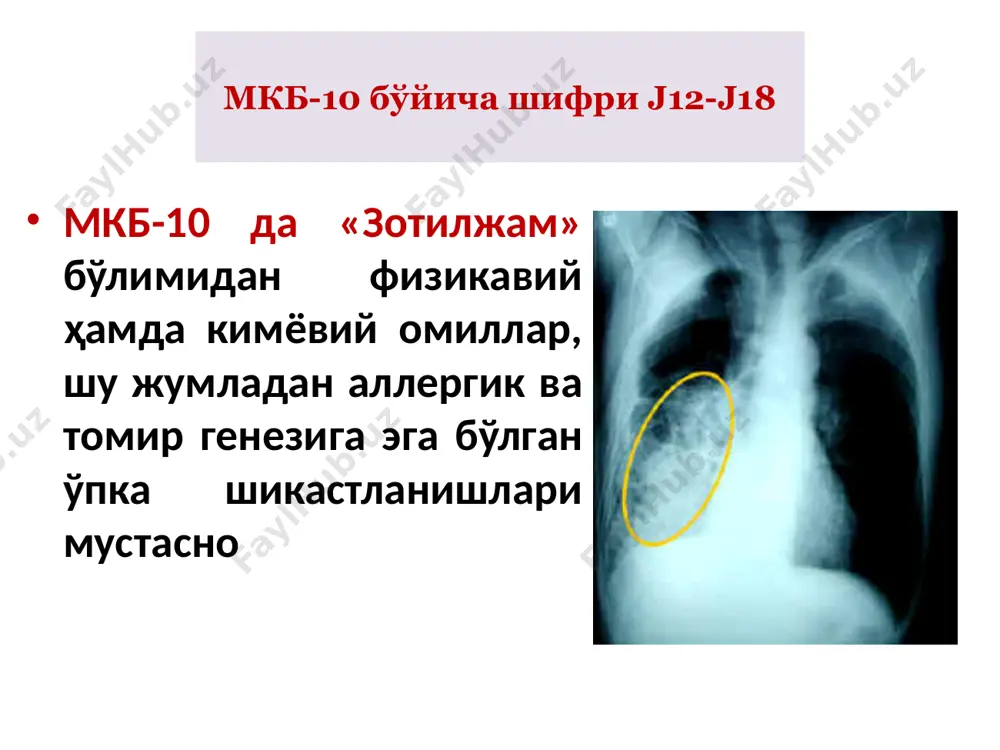 алочка инфлюэнцы хламидия трихомонас пневмоцисты стафилококк кишечная палочка пневмоцисты цитомегаловирус стрептококк бронхамелла уреаплазма микобактерии микоплазма протей бронхамелла грибы хламидия пневмонии псевдомонас стрептококк легионелла бактероиды микоплазма листерии энтеробактер клебсиеллы анаэробы туғма зотилжам этиологияси антенатал инфицирланиш toxoplasma gondii, rubella, cytomegalovirus, herpes simplex virus, treponema pallium, listeria monocytogenes интранатал инфицирланиш - s.аgalacticae, с. trachomatis,грамманфий энтеробактерия (e. coli, klebsiella spp.), s.aureus, u. urealitica, m. hominis. касалхонадан ташкари зотилжамни этиологияси бактерии чакалоклар 1-3 мес. 4 мес.-4 г 5-18 лет str. pneum. + +++ ++++ +++ h. influenzae + + + + str. pyogenes - + + + str. agalactiae +++ + - - escher. coli ++ + - - mycopl. pneum - + ++ ++++ chlamid.pneumо - + + ++ legion. pneumo + + + + chlamid. tracho + + - - bordet. pertussis + ++ + + staphyl. aureus ++ ++ + + зотилжамда вирусларнинг ахамияти вирус выявлен при пневмонии респираторно синтициал самый частый …
