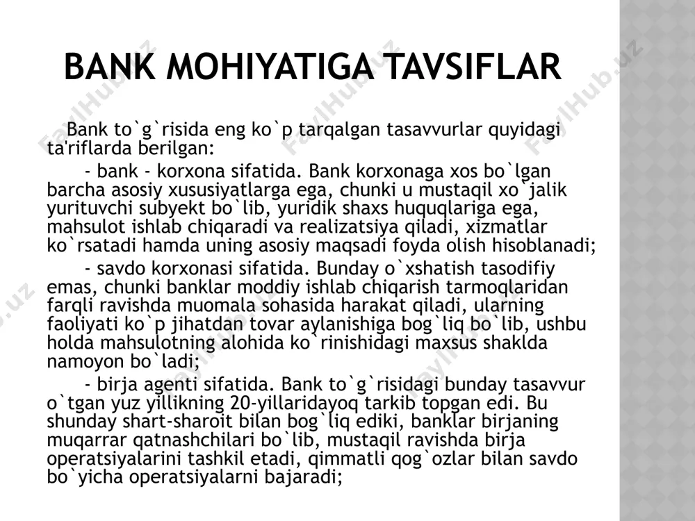 nflatsiya va to`lov balansini tartibga solish kabi joriy va strategik vazifalarni hal etish uchun foydalaniladi. jahon amaliyotida moliya-kredit muassasalari tomonidan o`z mijozlariga ko`rsatiladigan xizmatlar xususiyati bo`yicha kredit tizimining uch muhim elementi ajratiladi: 1) markaziy bank (emissiya banki); 2) tijorat banklari; 3) ixtisoslashtirilgan moliya muassasalari (sug`urta, jamg`arma va b. muassasalar). markaziy bankining bank tizimini boshqarish bo`yicha vakolatlari markaziy bank o`zining huquqiy maqomi bo`yicha bank tizimini davlat tomonidan boshqarish organi hisoblanadi. bunday maqom asoslari o`zbekiston respublikasi konstitutsiyasining 124-moddasida belgilab berilgan bo`lib, unga asosan markaziy bank mamlakatimiz bank tizimini boshqaradi. markaziy bankning bank tizimini davlat boshqaruv organi sifatidagi aniq vakolatlari markaziy bank to`g`risidagi qonunda mustahkamlab berilgan. ushbu sifatda markaziy bank o`z vakolatlari doirasida monetar siyosat va valutani tartibga solish sohasidagi siyosatning asosiy yo`nalishlarini ishlab chiqadi, hisob-kitoblarning samarali tizimini tashkil etadi va ta'minlaydi. tijorat banklari huquqiy ahvoli asoslari banklar va bank faoliyati to`g`risidagi qonunning 7-moddasiga muvofiq banklar, qoida tariqasida, mulkchilikning har qanday shakli asosida …