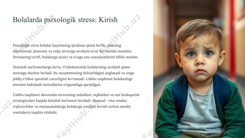 rish mumkin. oila bolaning stressga qarshi kurashishida muhim rol o'ynaydi. 10 bolalardagi stressni oldini olish hamda bartaraf etishni strategiyalar asosida ko’rib chiqamiz stressni boshqarish strategiyalari: mtt psixologik yordam xizmati dmttda bolalar uchun psixologik yordam xizmatini tashkil etish stressni kamaytirishning muhim usuli hisoblanadi. psixologlar bolalarga individual maslahatlar berishi mumkin. bolalarning bilimi peadgoglarning stressni aniqlash va unga qarshi kurashish bo'yicha bilimini oshirish muhim. pedagoglar bolalarning stress holatini aniqlash va ularga yordam berishga tayyor bo'lishi kerak. ijobiy muhit guruhda ijobiy muhit yaratish va bolalarning o'zaro munosabatlarini yaxshilash stressni kamaytirishga yordam beradi. guruhda do'stona va qo'llab-quvvatlovchi muhit yaratish muhim. dmttda stressni kamaytirishga qaratilgan tadbirlar o'tkazish (masalan, sport musobaqalari, san'at to'garaklari) bolalarning ruhiyatiga ijobiy ta'sir qiladi. 12 stressni boshqarish strategiyalari: individual yondashuv individual maslahatlar mashqlar qiziqishlar o'ziga ishonch bolalar uchun individual psixologik maslahatlar berish stressni kamaytirishning samarali usuli hisoblanadi. stressni kamaytirishga yordam beradigan mashqlar (nafas olish, meditatsiya) bolaning ruhiyatiga ijobiy ta'sir qiladi. bolaning qiziqishlariga mos …
